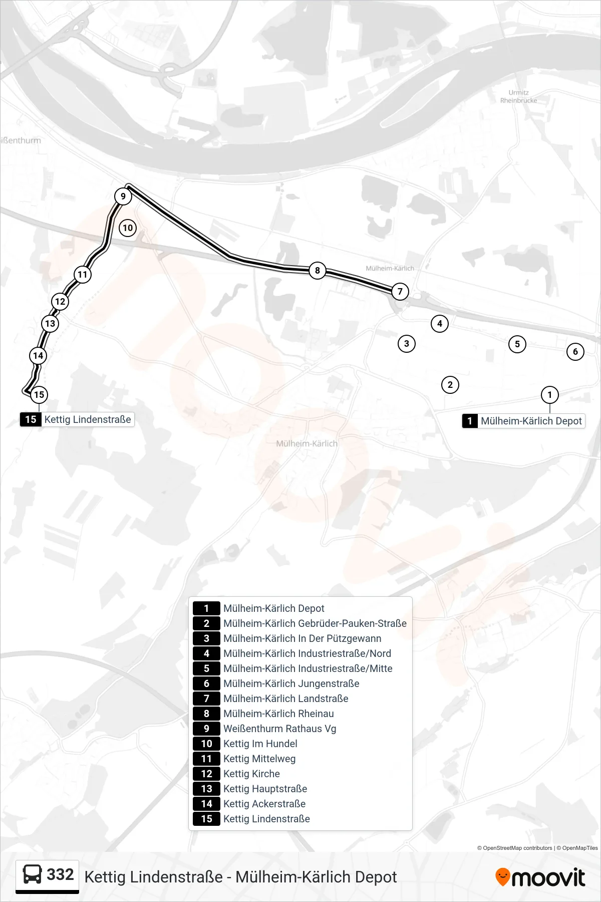 332 bus Line (Kettig Lindenstraße) route and stops on a map