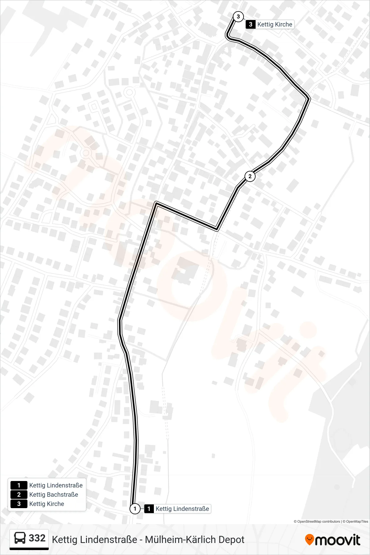 332 bus Line (Kettig Kirche) route and stops on a map
