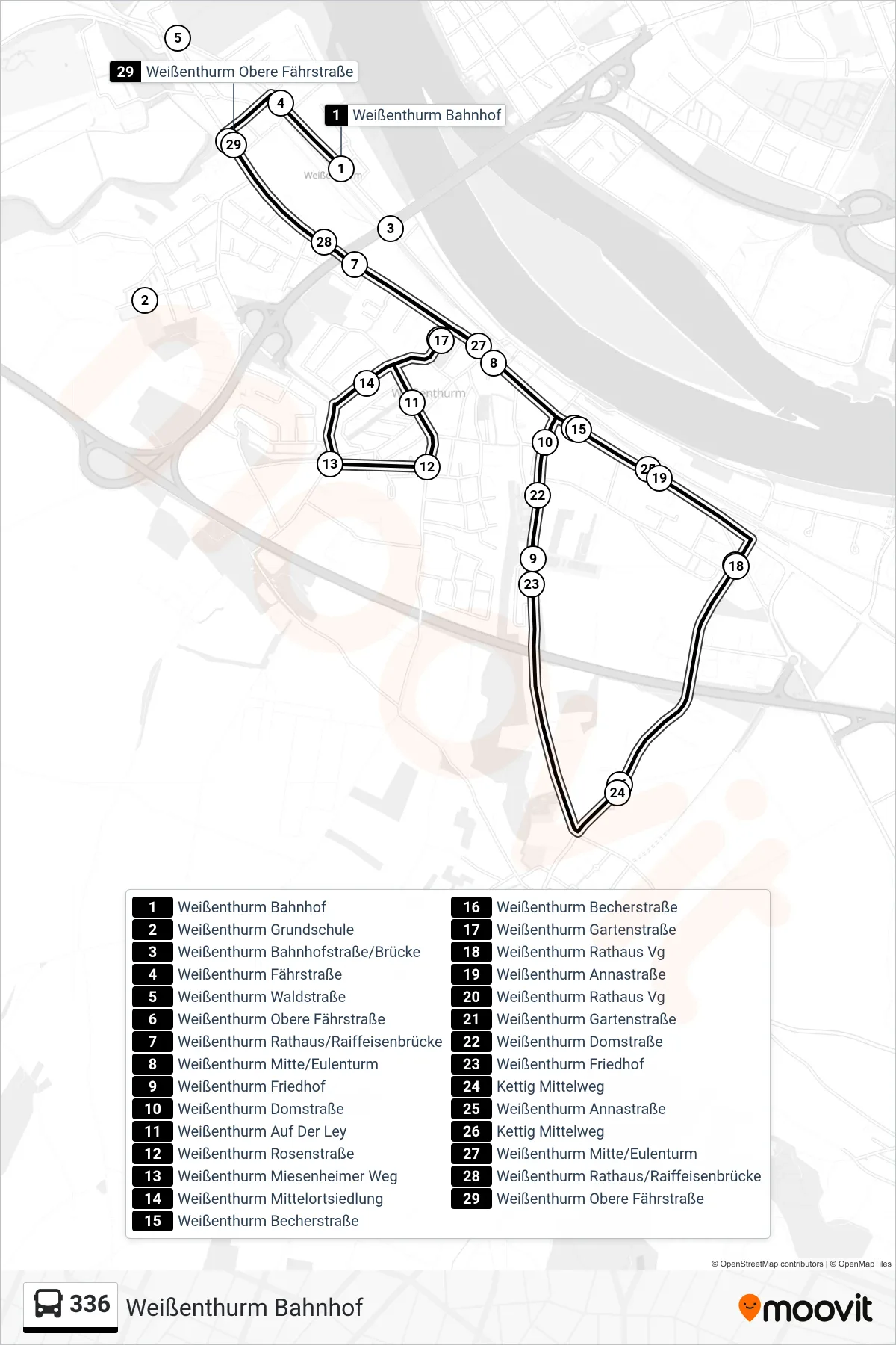 336 bus Line (Weißenthurm Bahnhof) route and stops on a map