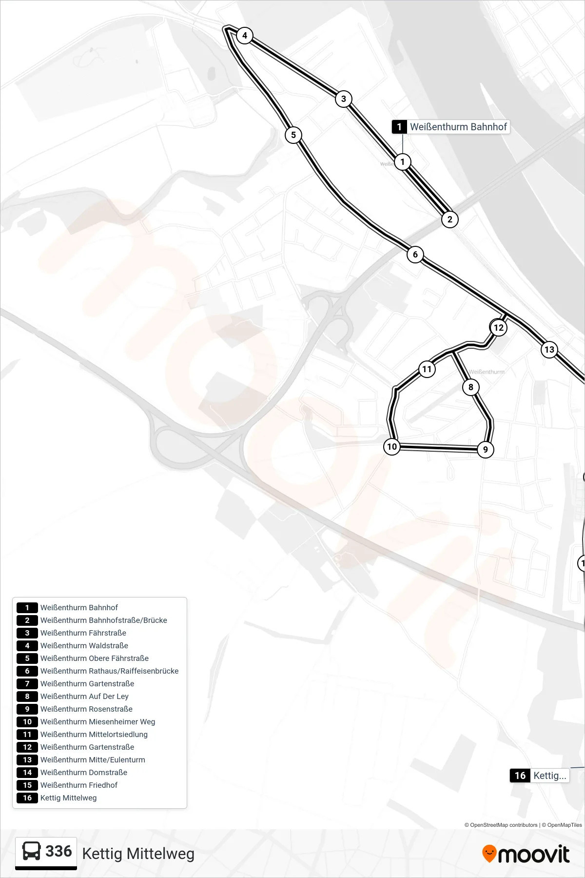 Linie 336 (Bus) Richtung Kettig Mittelweg: Route und Haltestellen auf der Karte