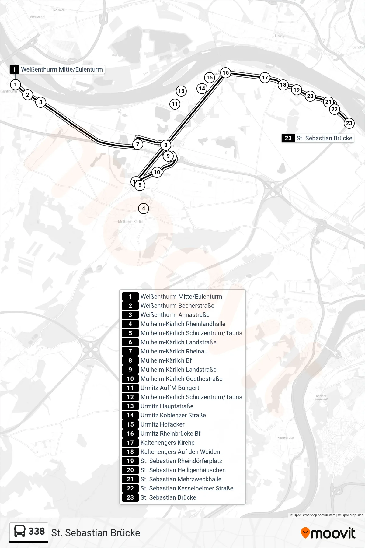 338 bus Line (St. Sebastian Brücke) route and stops on a map
