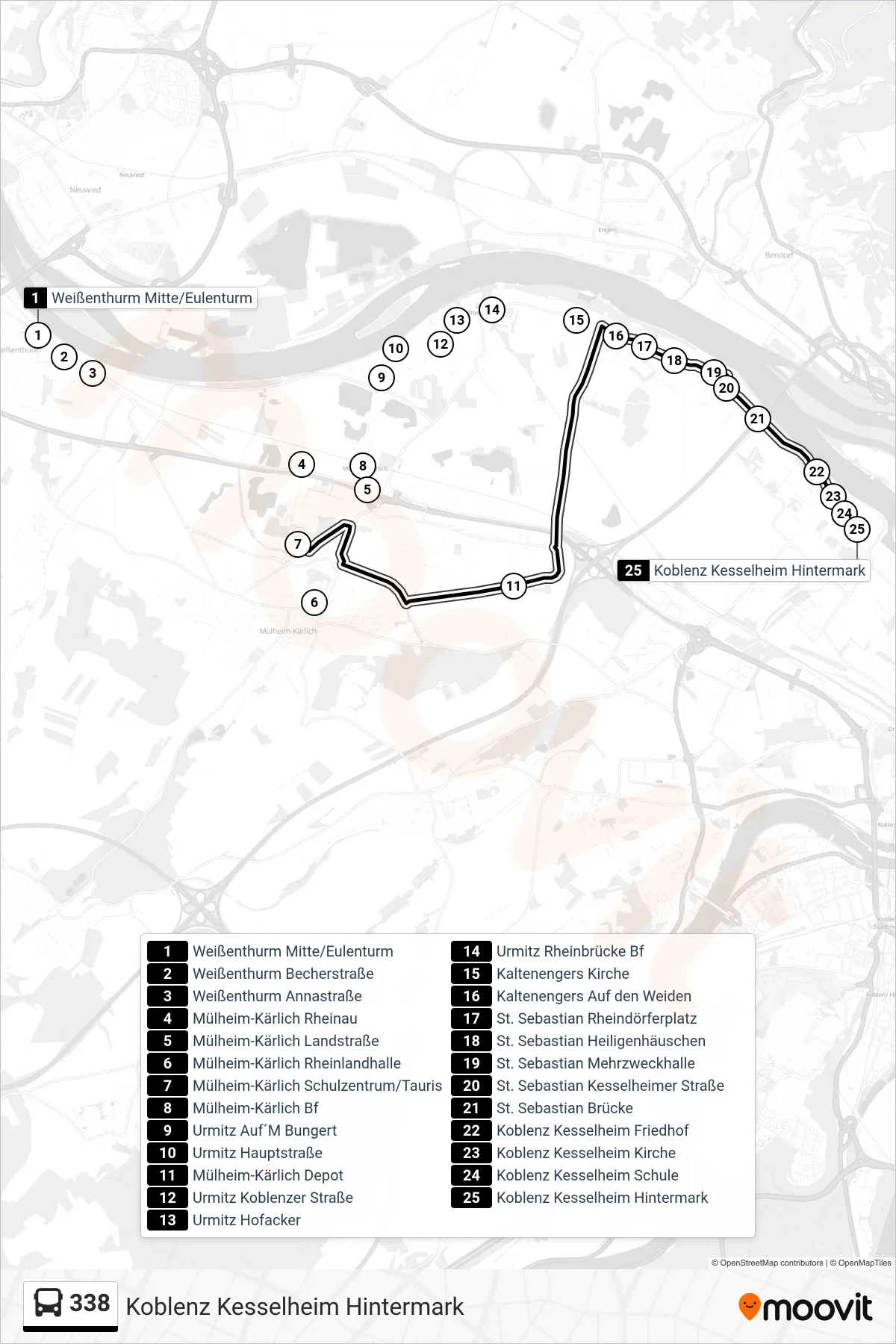 338 bus Line (Koblenz Kesselheim Hintermark) route and stops on a map