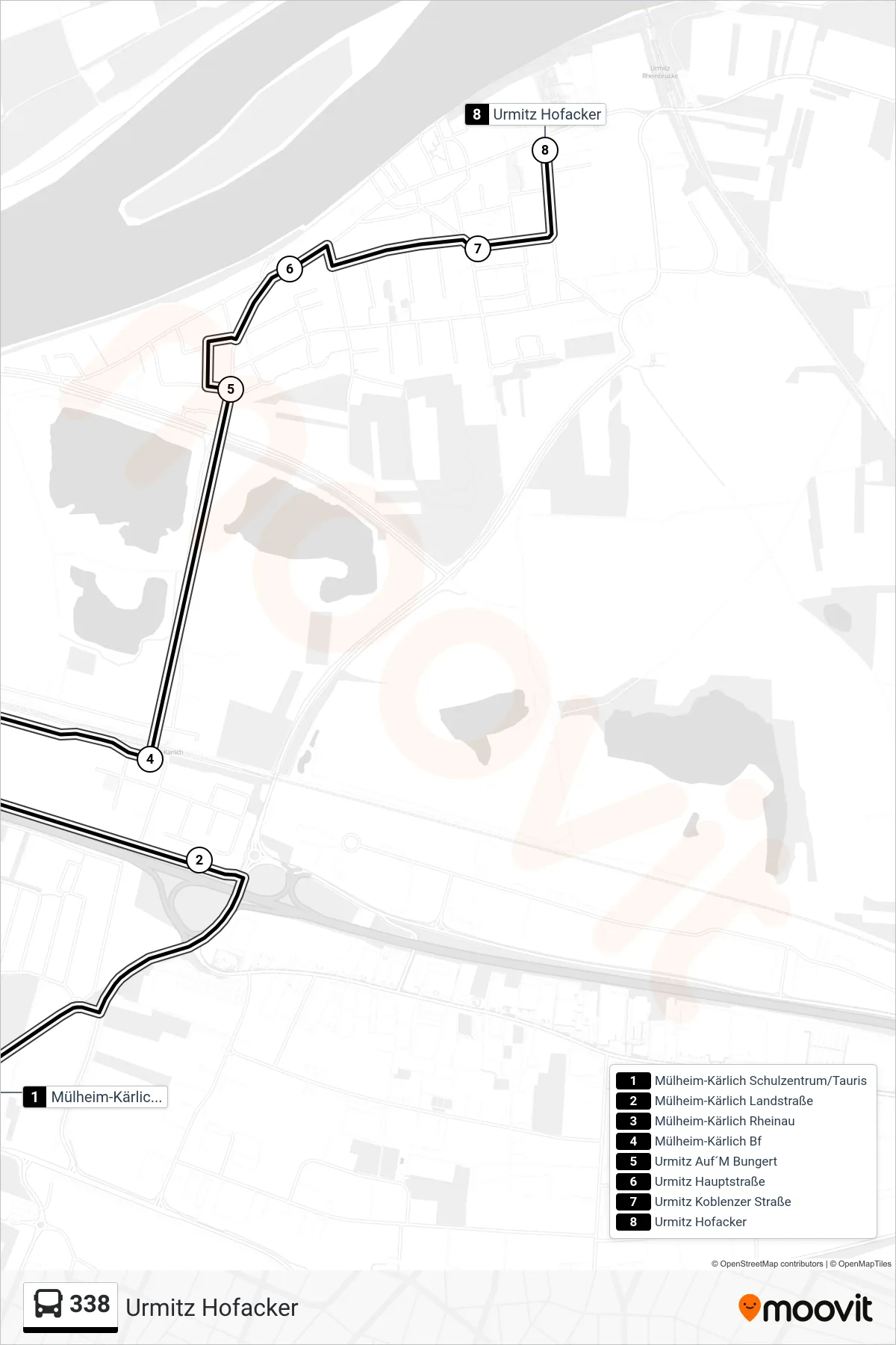 338 bus Line (Urmitz Hofacker) route and stops on a map