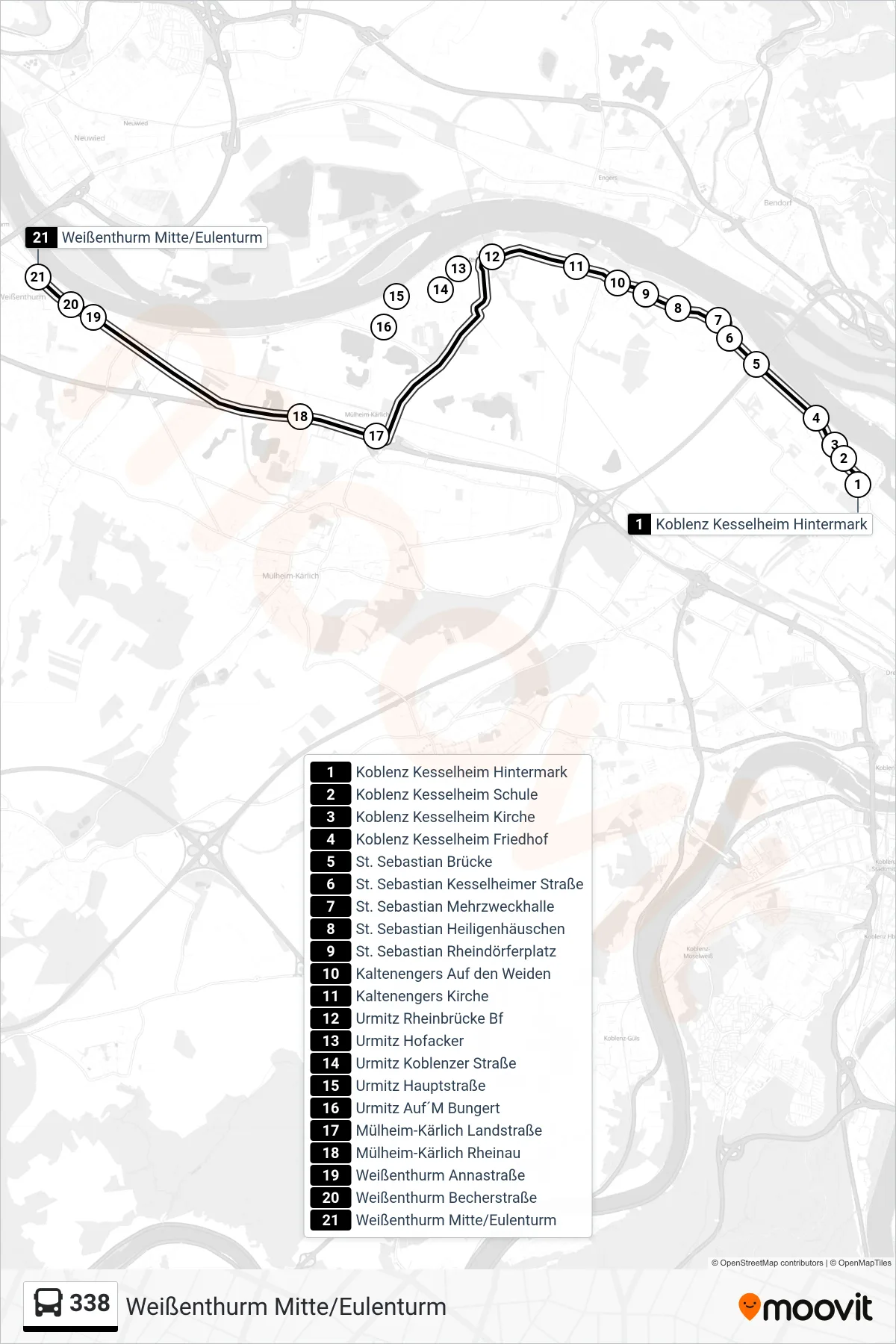 338 bus Line (Weißenthurm Mitte/Eulenturm) route and stops on a map