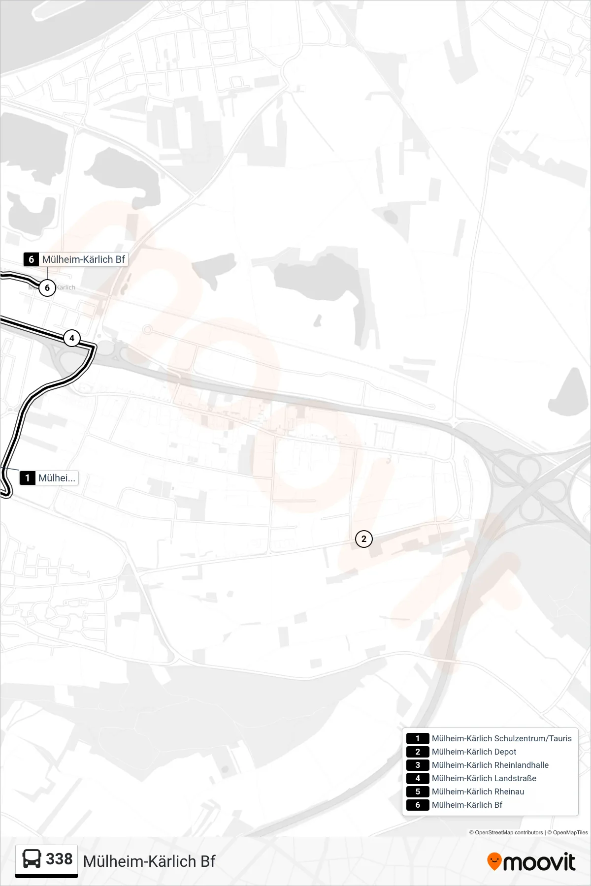 338 bus Line (Mülheim-Kärlich Bf) route and stops on a map