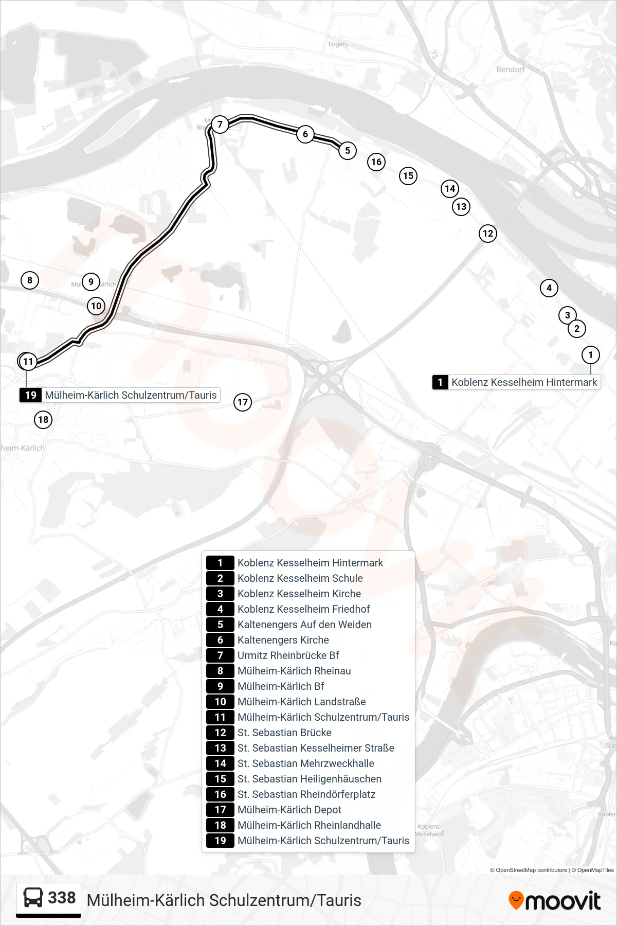 338 bus Line (Mülheim-Kärlich Schulzentrum/Tauris) route and stops on a map