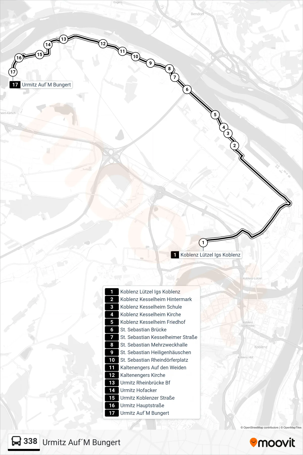 338 bus Line (Urmitz Auf´M Bungert) route and stops on a map