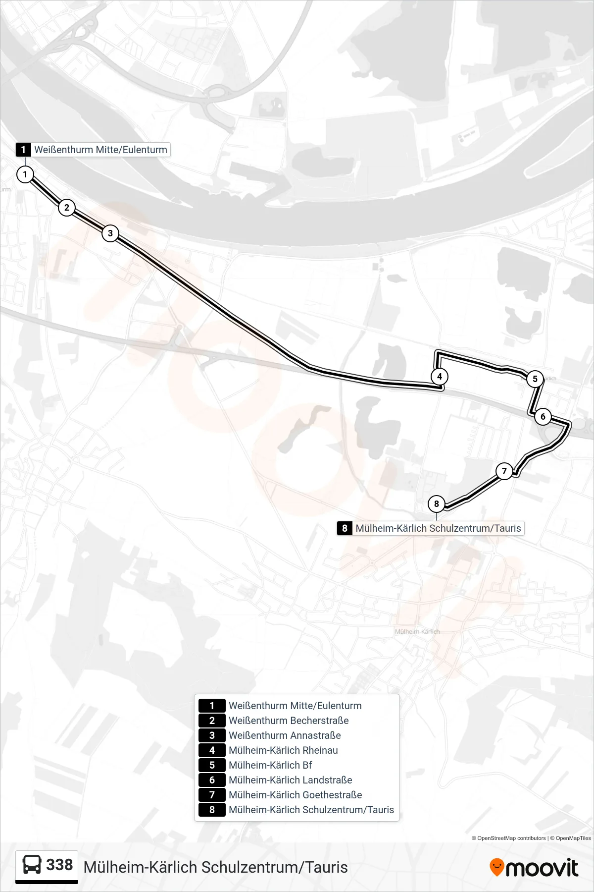 338 bus Line (Mülheim-Kärlich Schulzentrum/Tauris) route and stops on a map