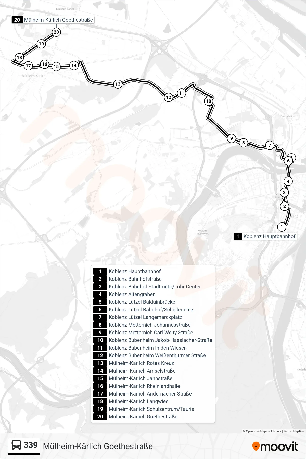 Linie 339 (Bus) Richtung Mülheim-Kärlich Goethestraße: Route und Haltestellen auf der Karte