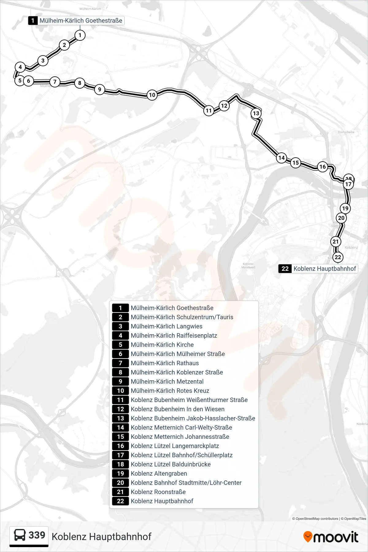 339 bus Line (Koblenz Hauptbahnhof) route and stops on a map