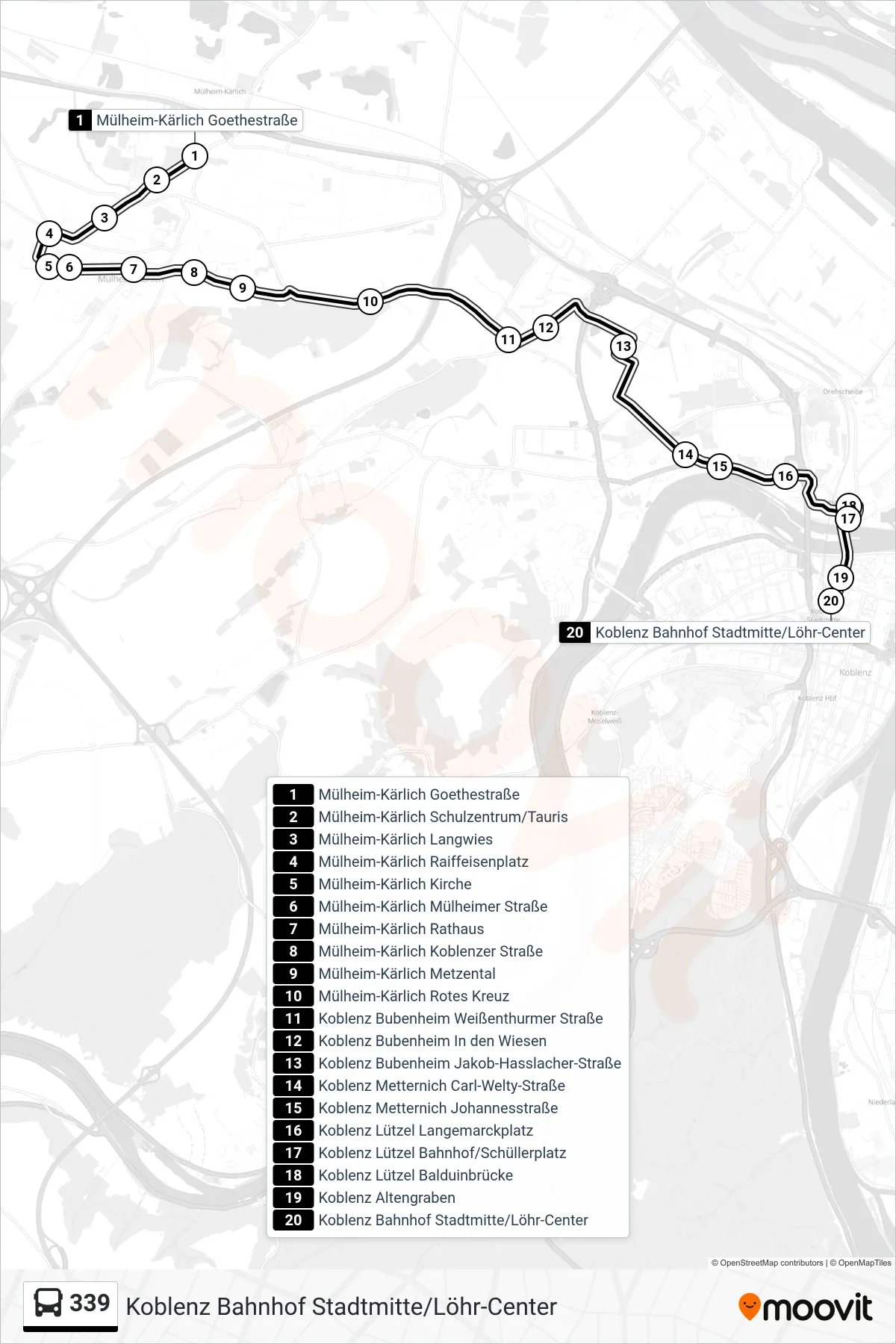 339 bus Line (Koblenz Bahnhof Stadtmitte/Löhr-Center) route and stops on a map
