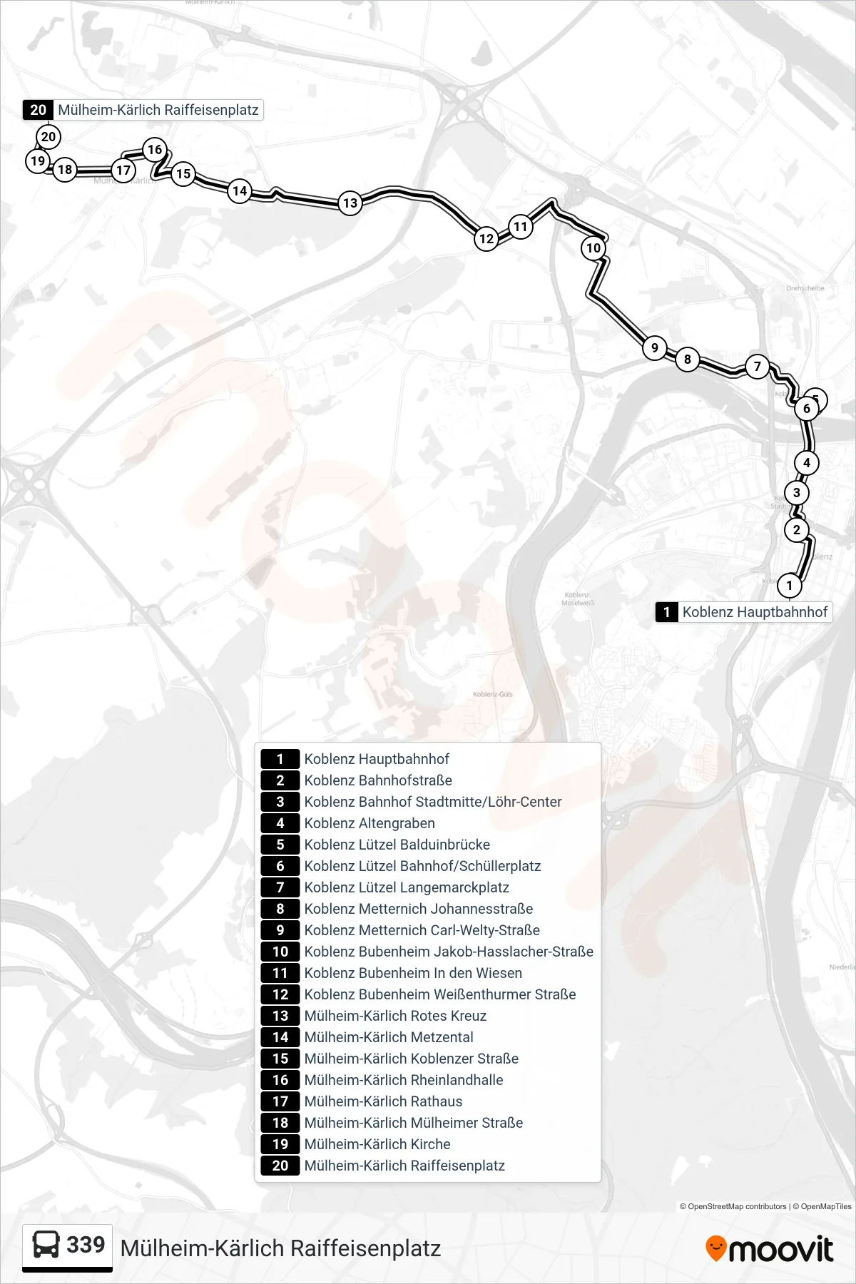 339 bus Line (Mülheim-Kärlich Raiffeisenplatz) route and stops on a map