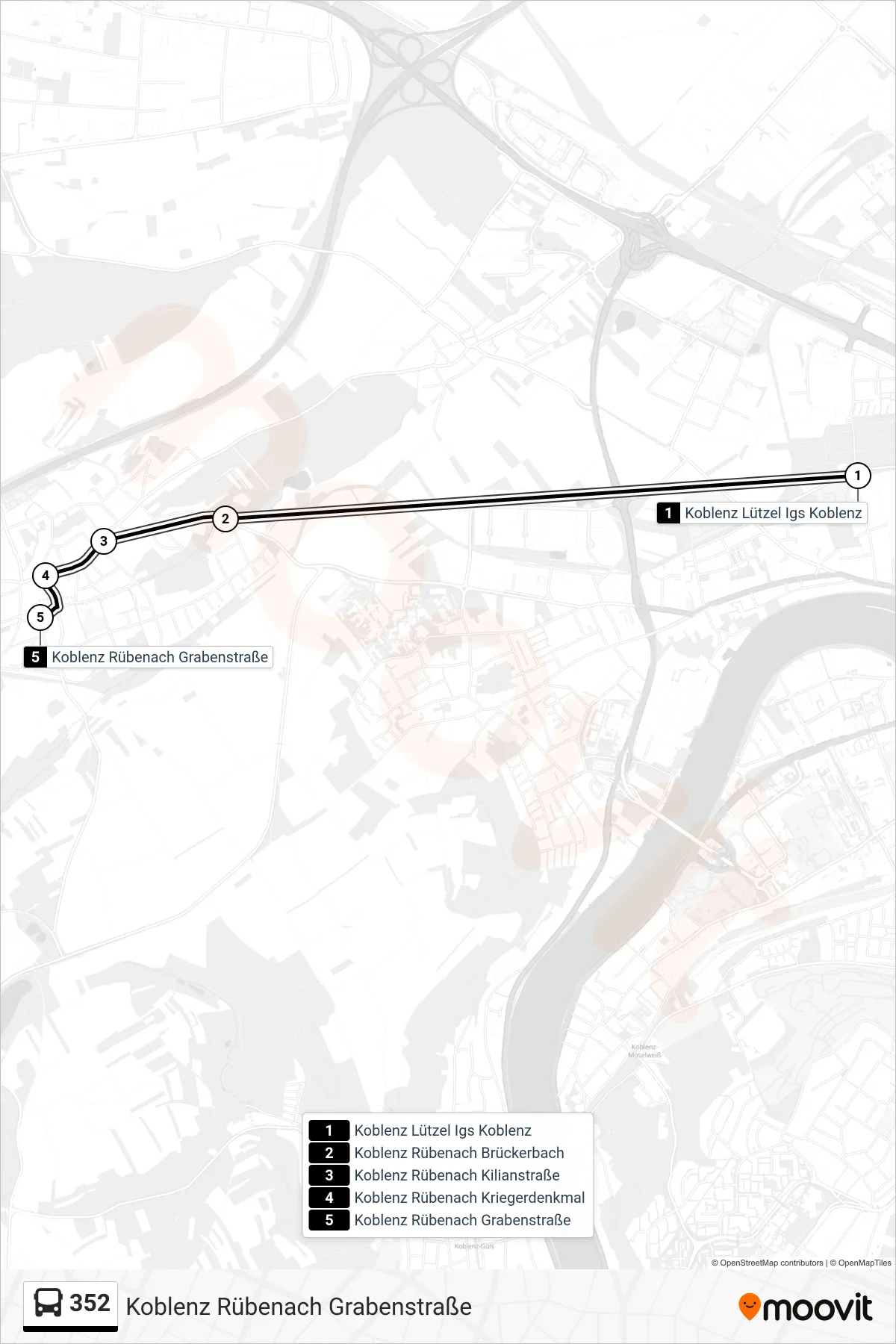 352 bus Line (Koblenz Rübenach Grabenstraße) route and stops on a map