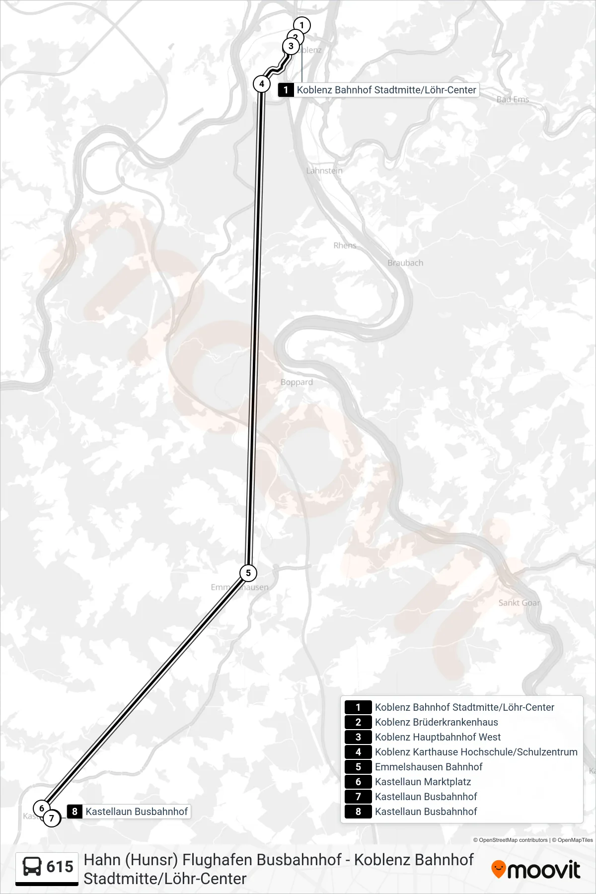 615 bus Line (Kastellaun Busbahnhof) route and stops on a map