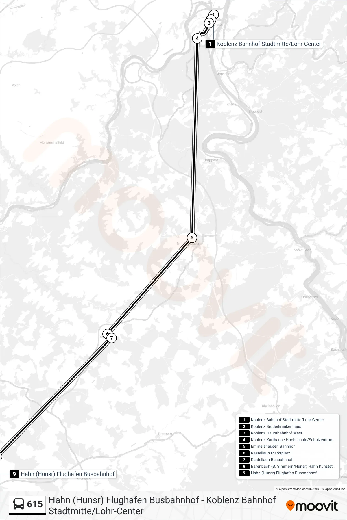 615 bus Line (Hahn (Hunsr) Flughafen Busbahnhof) route and stops on a map