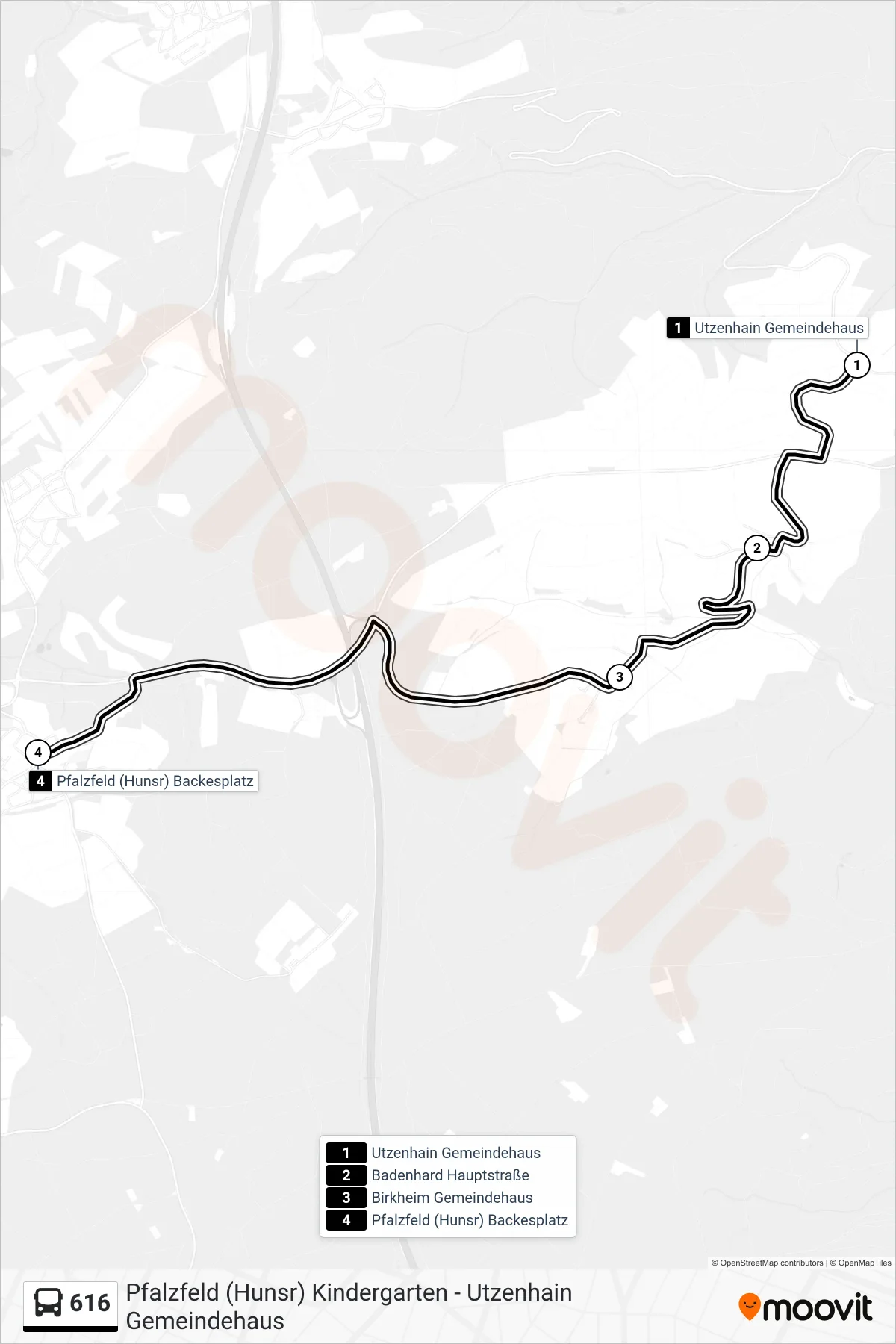 616 bus Line (Pfalzfeld (Hunsr) Backesplatz) route and stops on a map