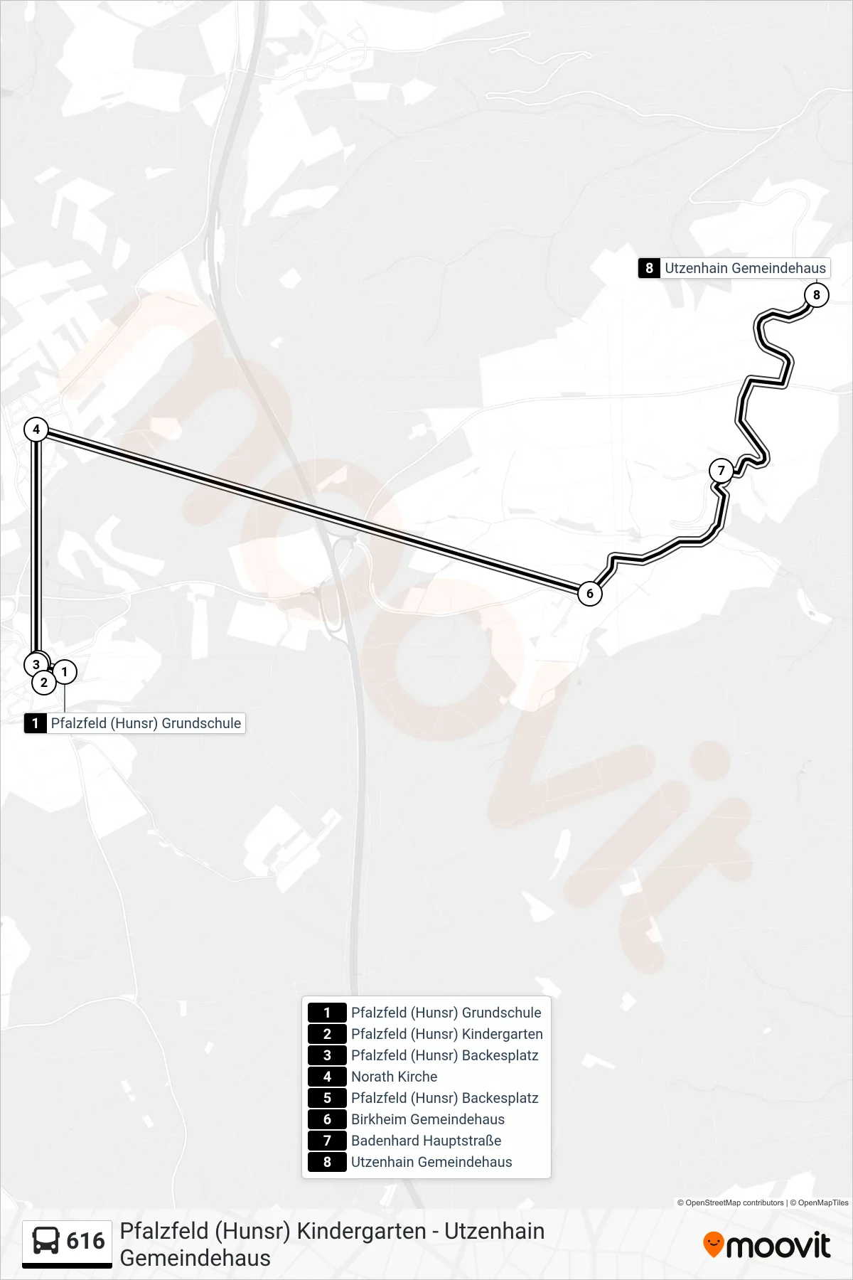 616 bus Line (Utzenhain Gemeindehaus) route and stops on a map