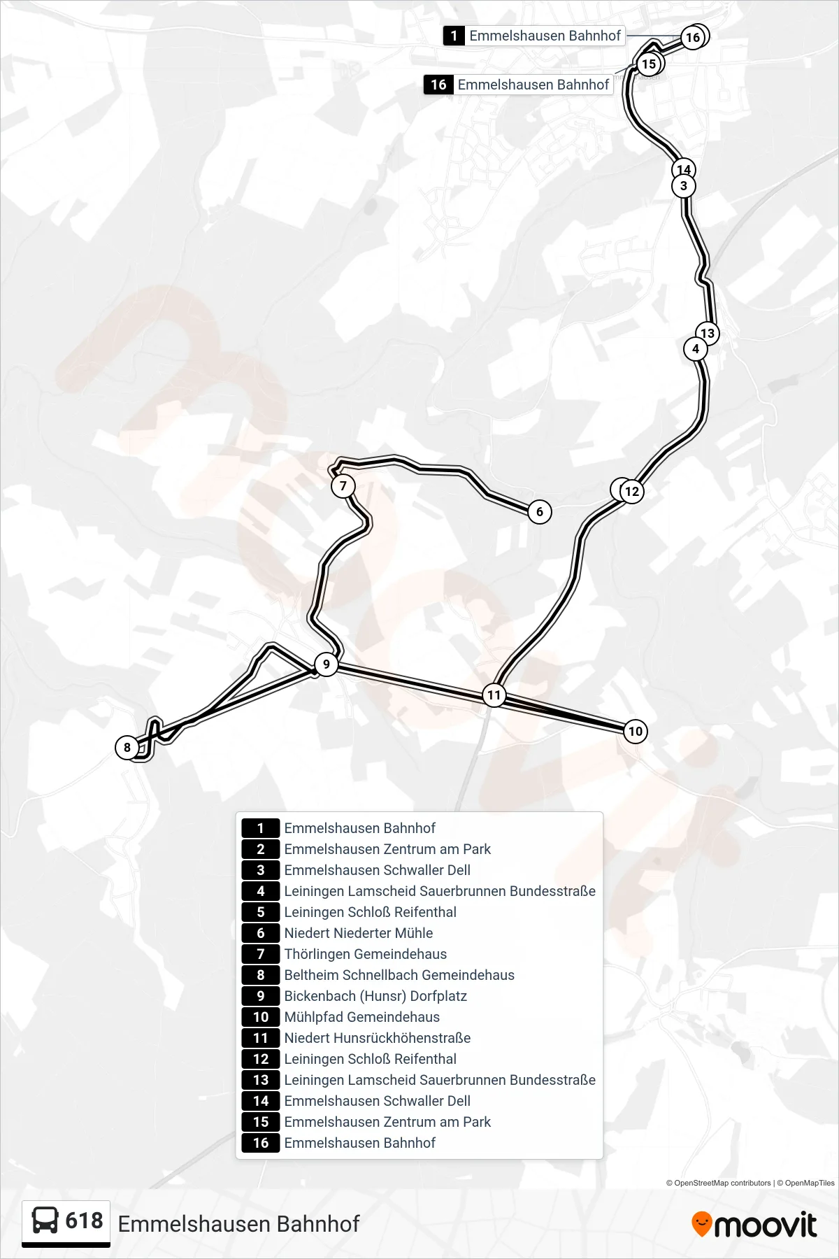 Linie 618 (Bus) Richtung Emmelshausen Bahnhof: Route und Haltestellen auf der Karte