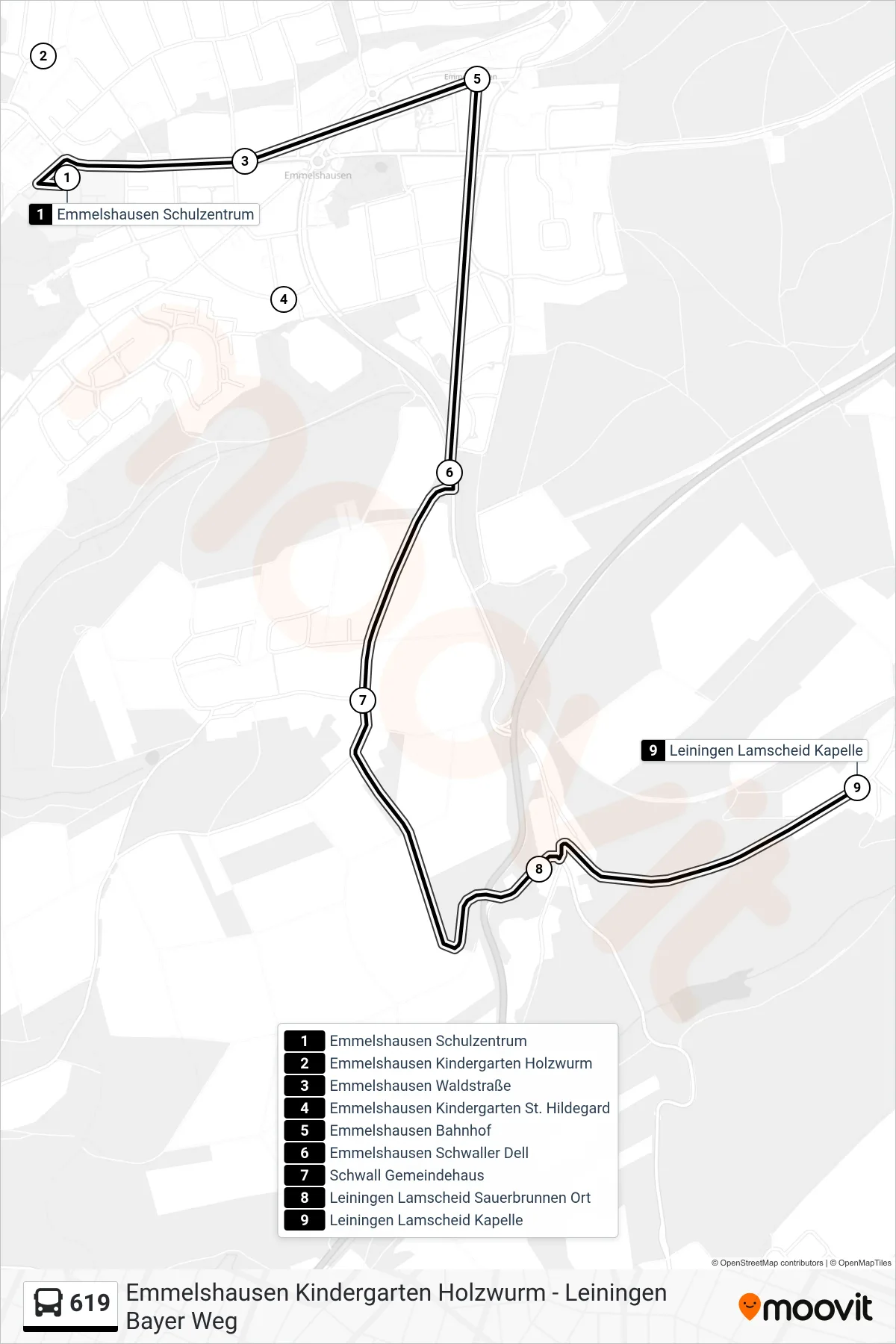 619 bus Line (Leiningen Lamscheid Kapelle) route and stops on a map