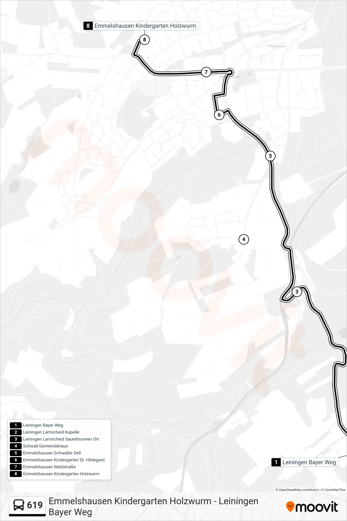 619 bus Line (Emmelshausen Kindergarten Holzwurm) route and stops on a map