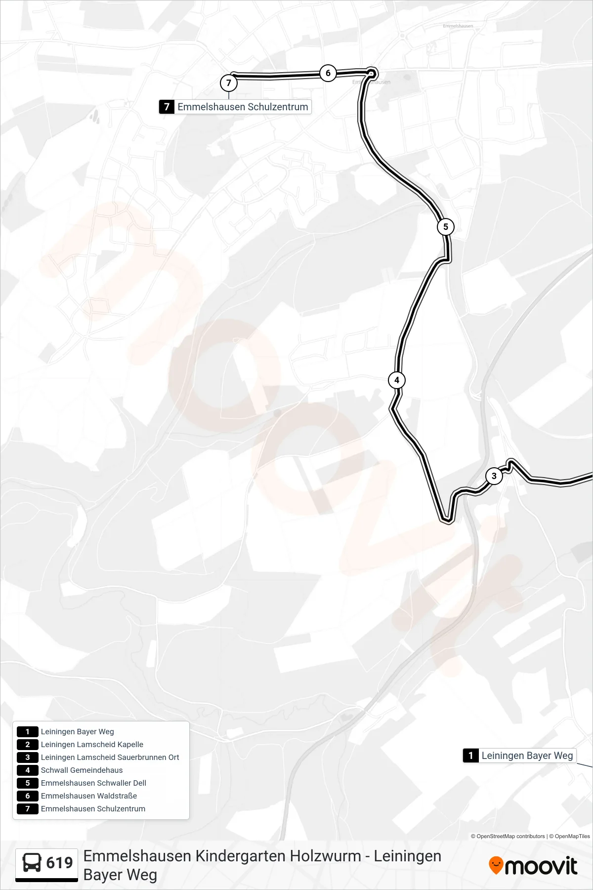 619 bus Line (Emmelshausen Schulzentrum) route and stops on a map