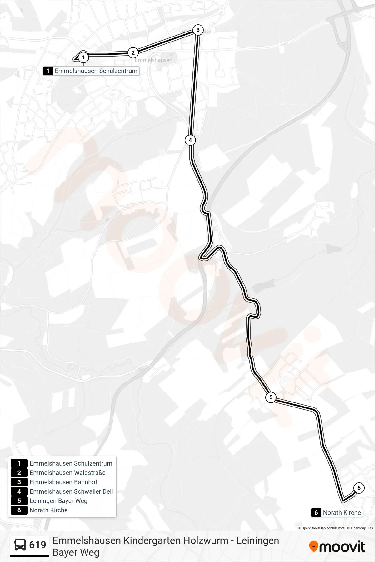 619 bus Line (Norath Kirche) route and stops on a map