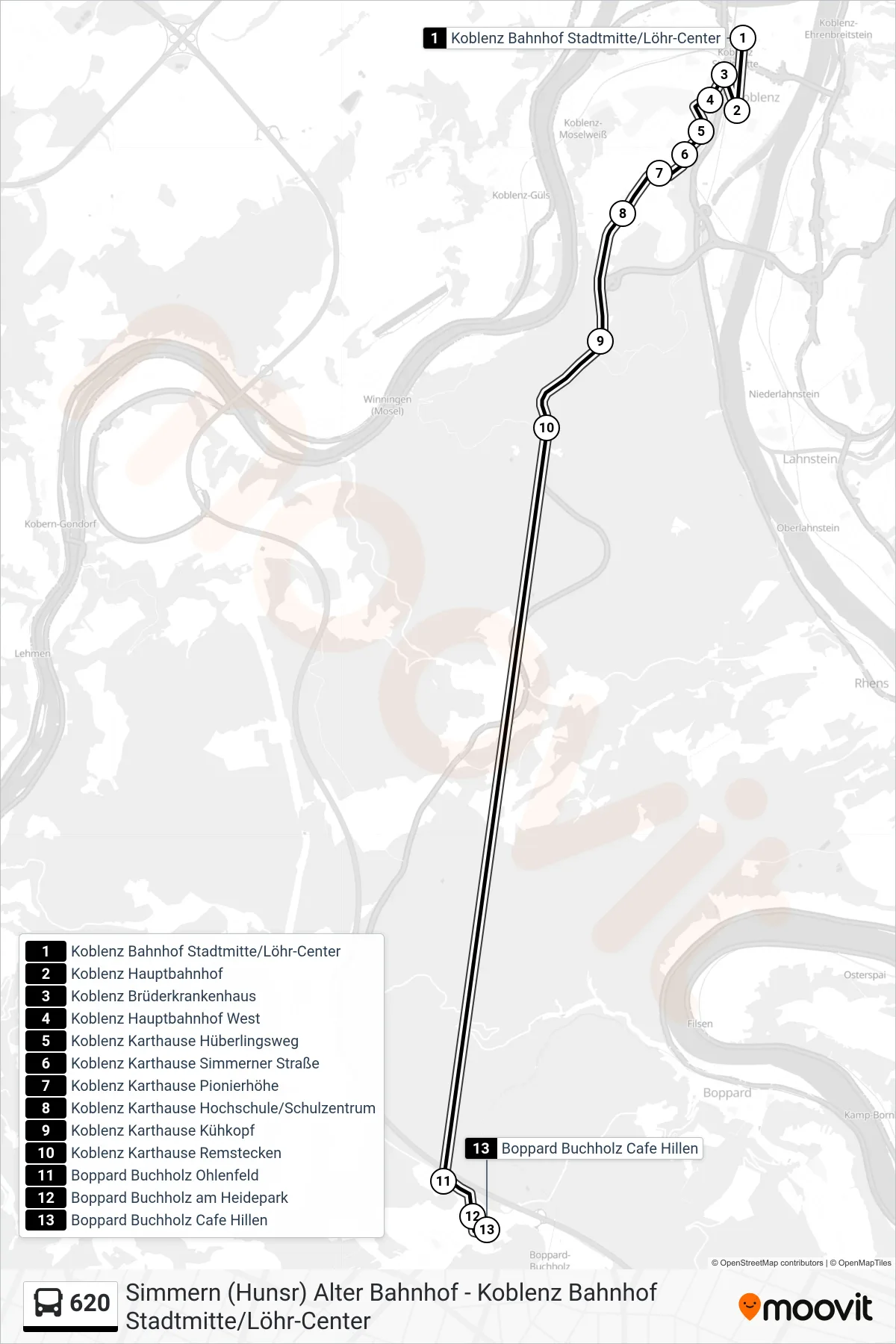 620 bus Line (Boppard Buchholz Cafe Hillen) route and stops on a map