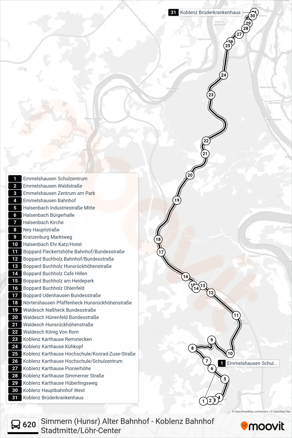 620 bus Line (Koblenz Brüderkrankenhaus) route and stops on a map