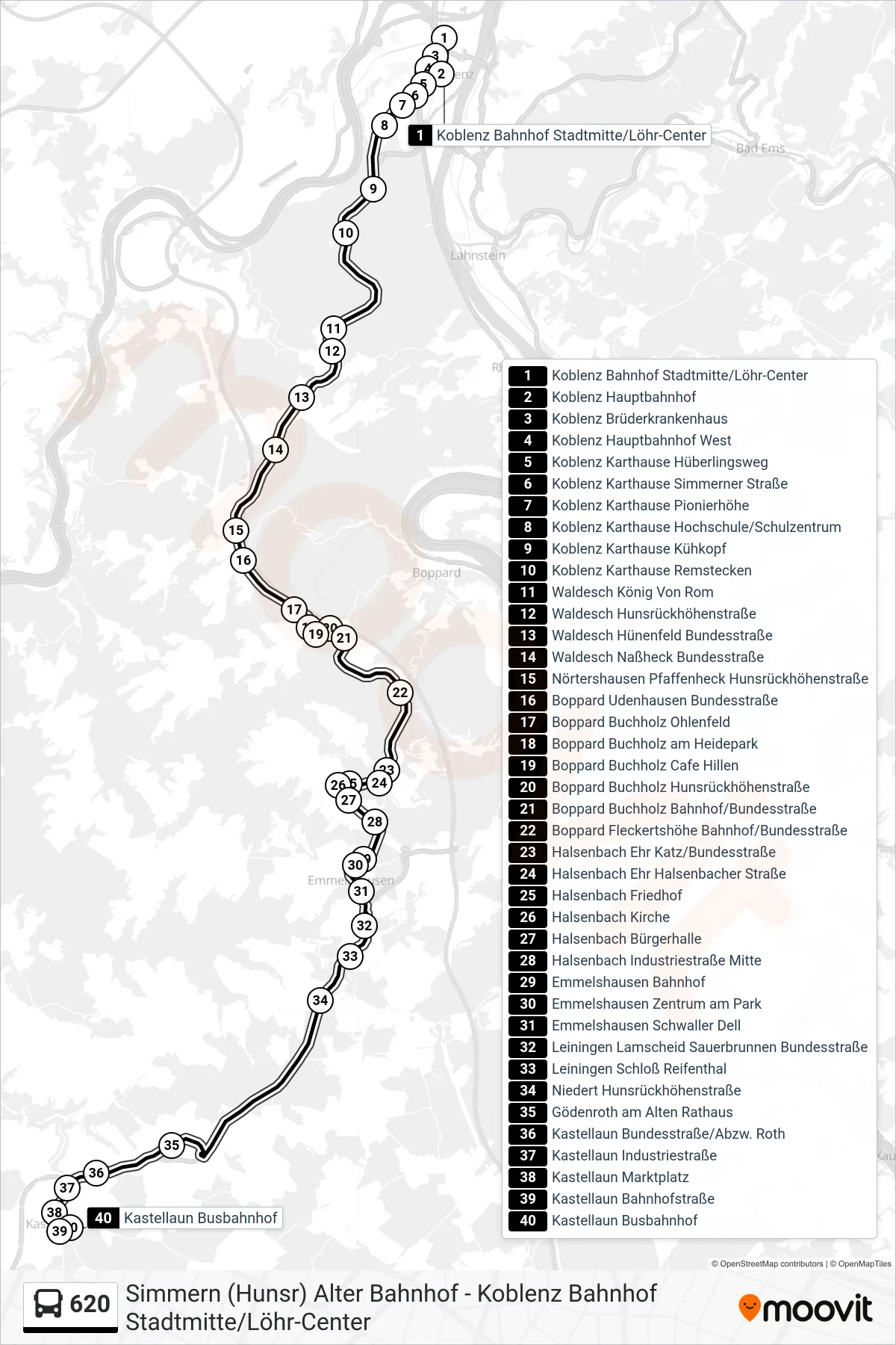 620 bus Line (Kastellaun Busbahnhof) route and stops on a map