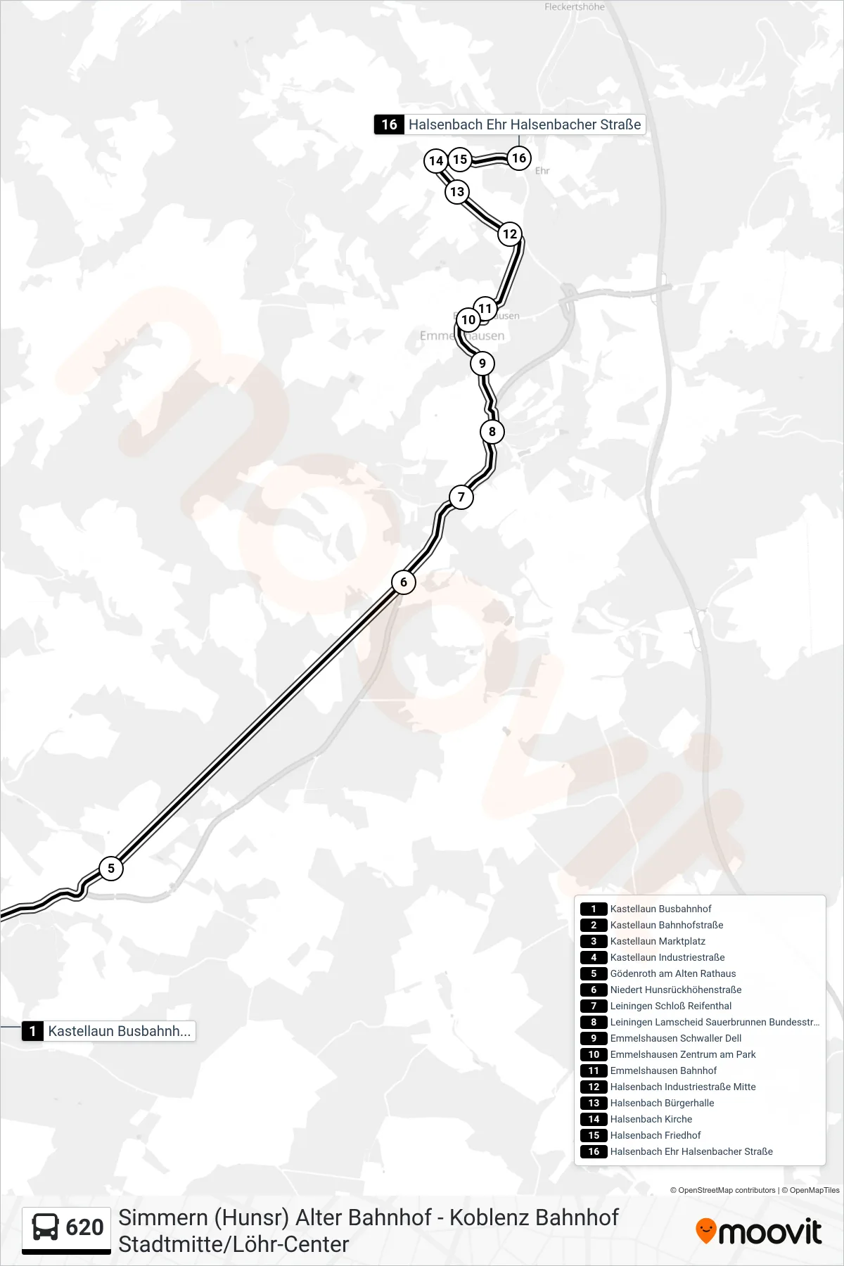 620 bus Line (Halsenbach Ehr Halsenbacher Straße) route and stops on a map