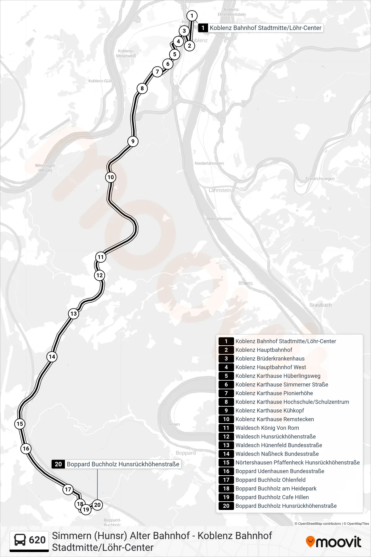 620 bus Line (Boppard Buchholz Hunsrückhöhenstraße) route and stops on a map