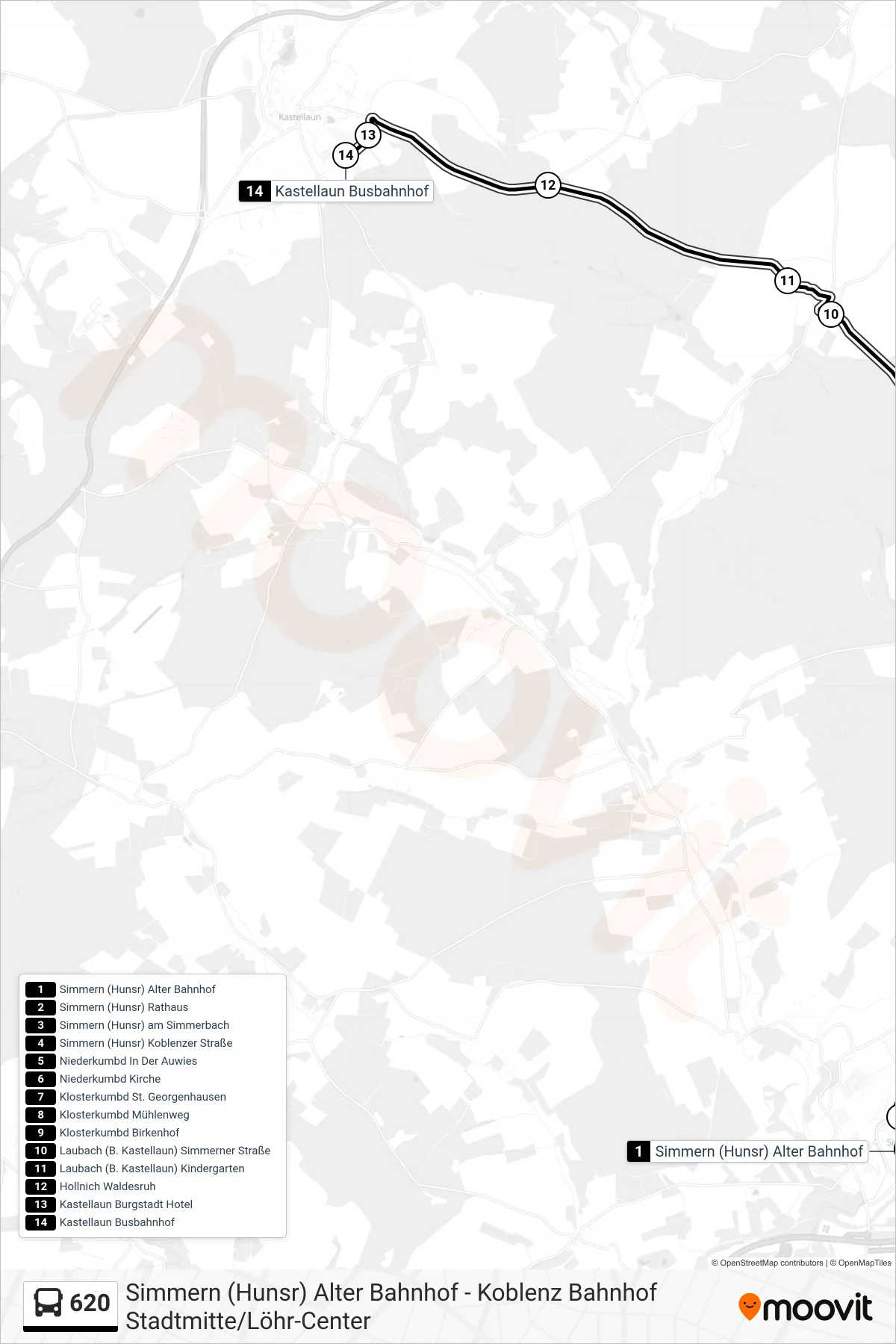 620 bus Line (Kastellaun Busbahnhof) route and stops on a map