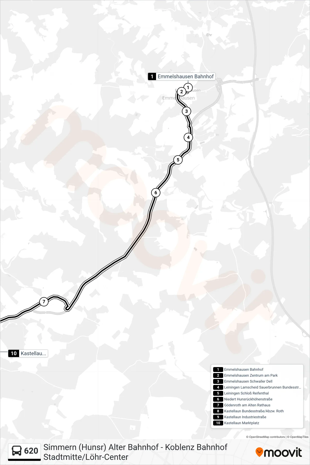 620 bus Line (Kastellaun Marktplatz) route and stops on a map