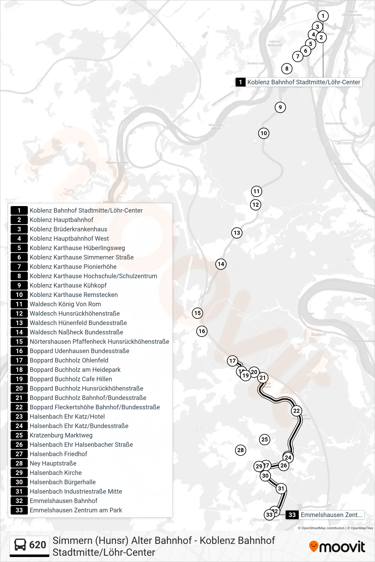 620 bus Line (Emmelshausen Zentrum am Park) route and stops on a map