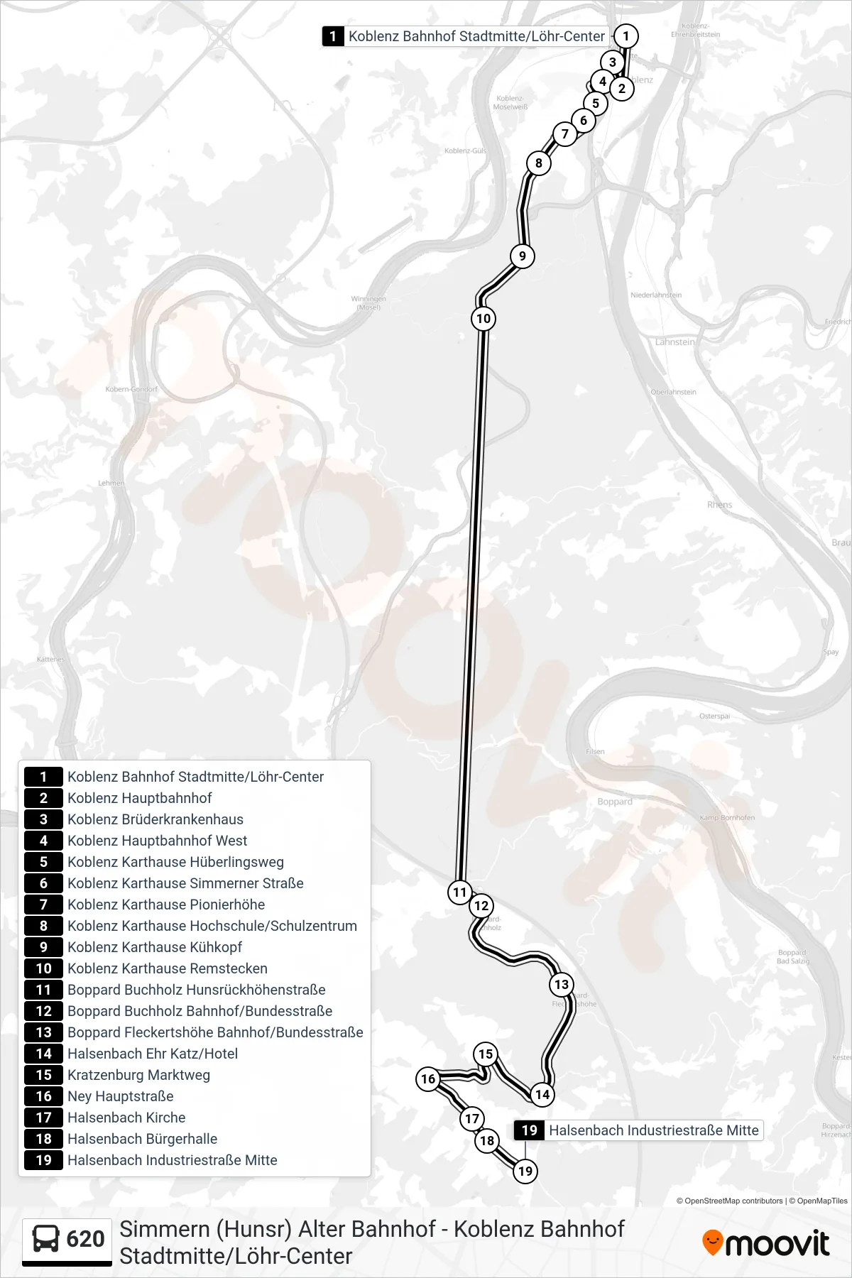 620 bus Line (Halsenbach Industriestraße Mitte) route and stops on a map