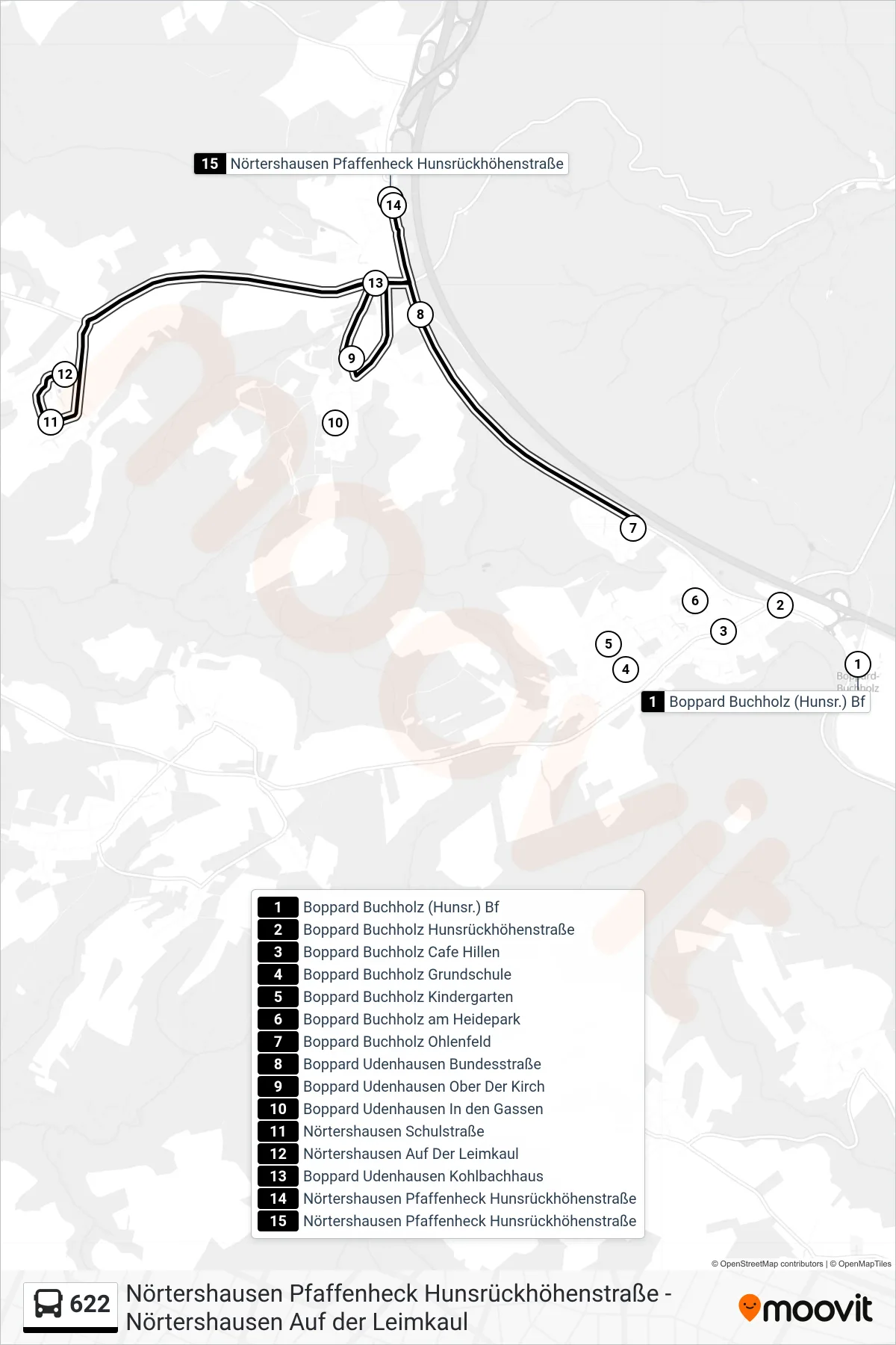 622 bus Line (Nörtershausen Pfaffenheck Hunsrückhöhenstraße) route and stops on a map