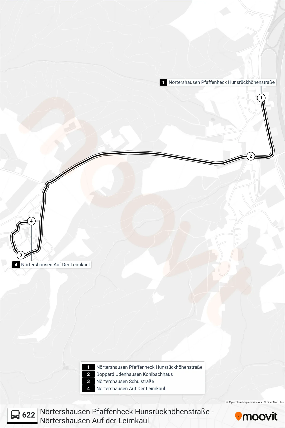 622 bus Line (Nörtershausen Auf Der Leimkaul) route and stops on a map