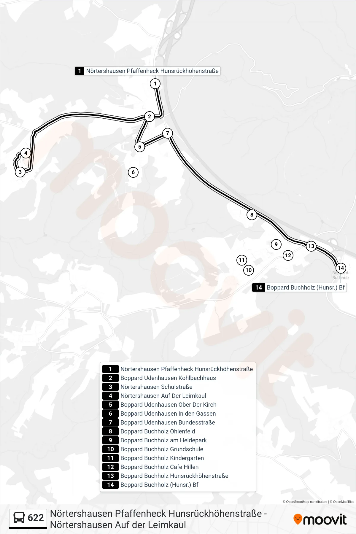 622 bus Line (Boppard Buchholz (Hunsr.) Bf) route and stops on a map