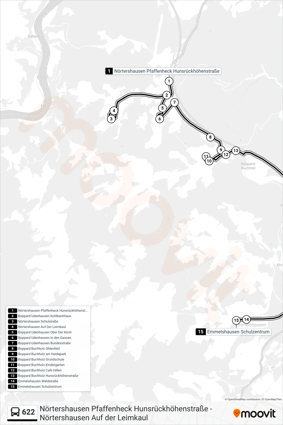 622 bus Line (Emmelshausen Schulzentrum) route and stops on a map