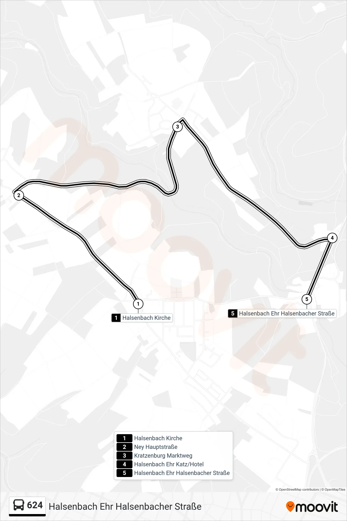 624 bus Line (Halsenbach Ehr Halsenbacher Straße) route and stops on a map