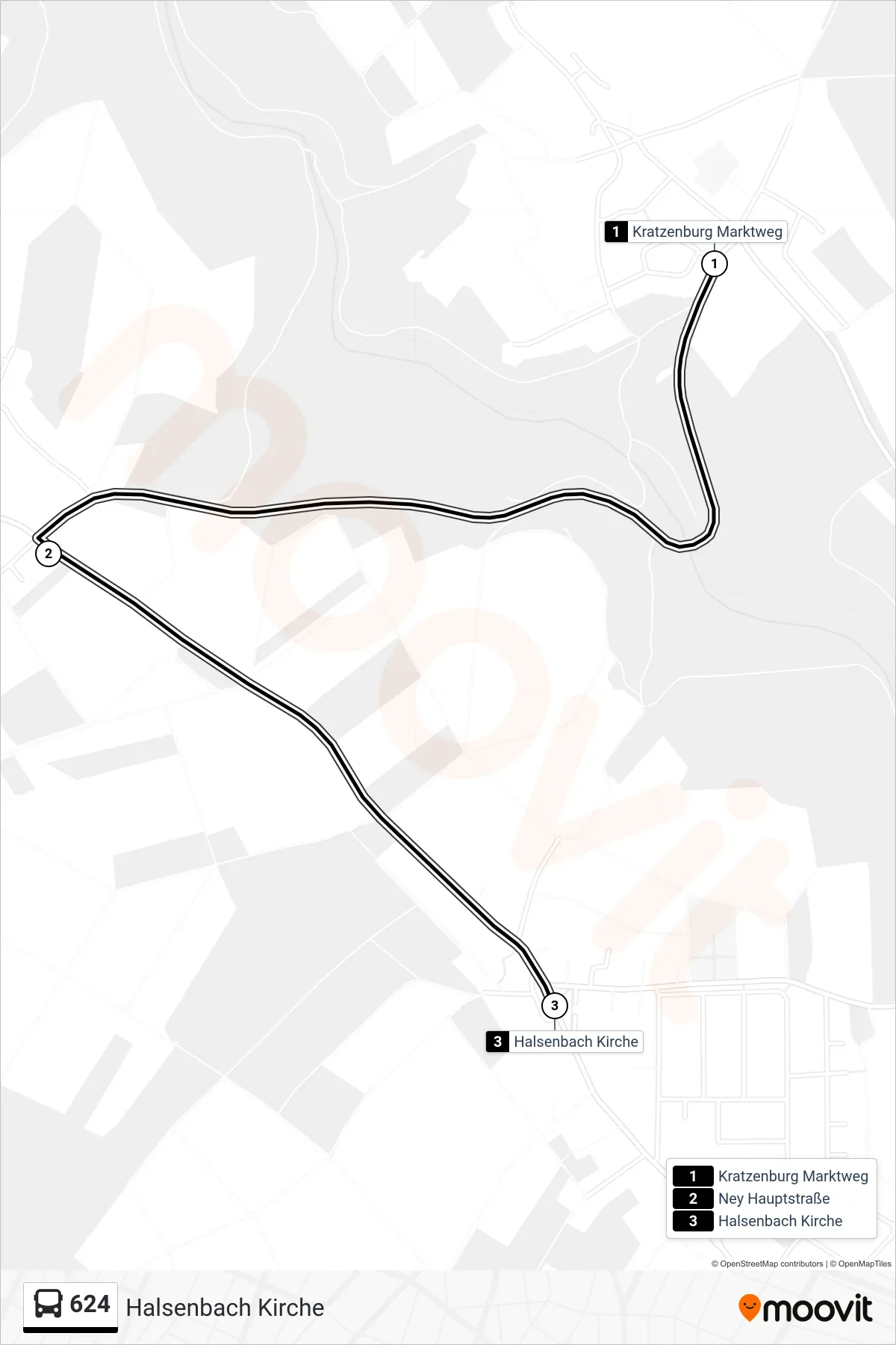 624 bus Line (Halsenbach Kirche) route and stops on a map
