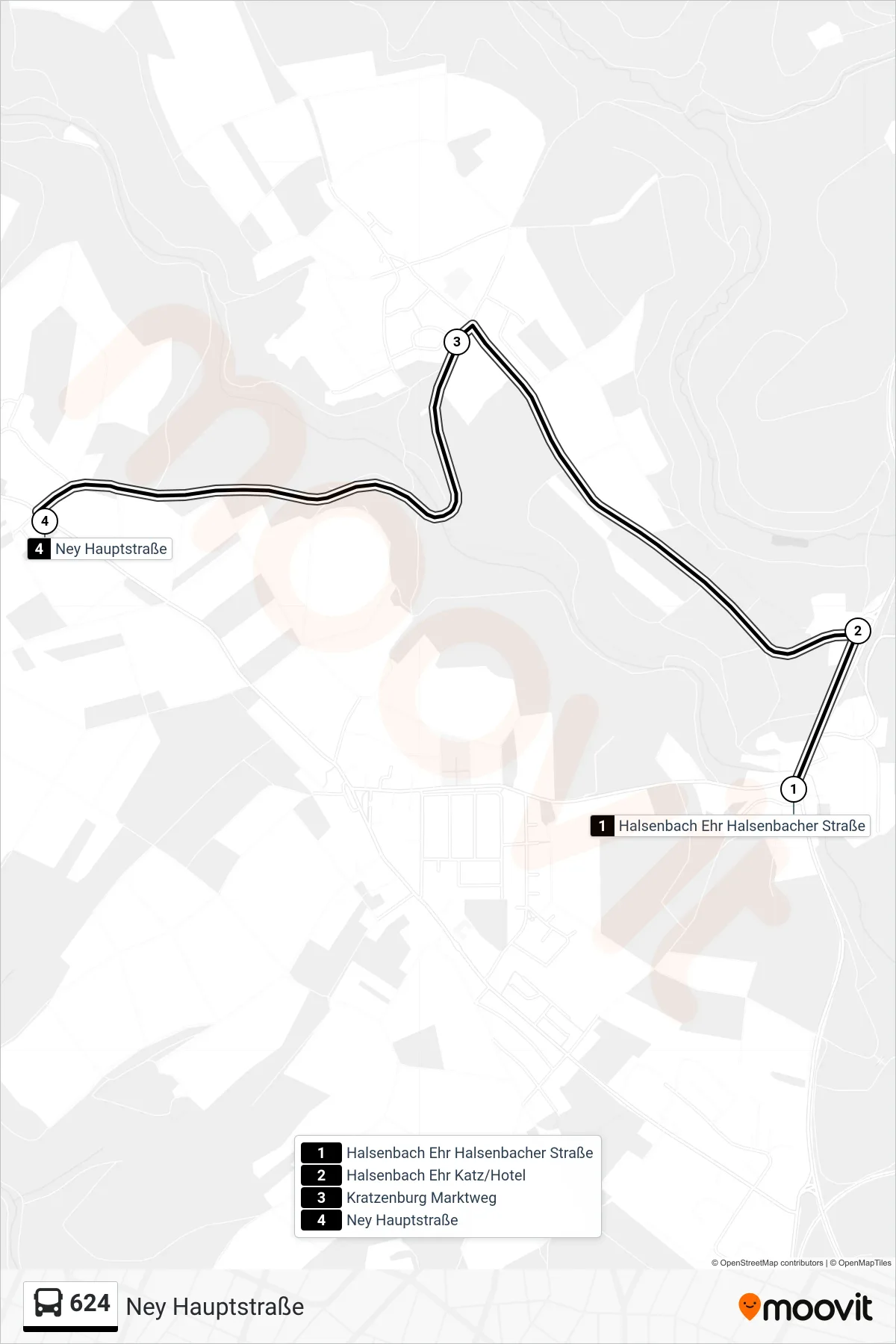 Linie 624 (Bus) Richtung Ney Hauptstraße: Route und Haltestellen auf der Karte