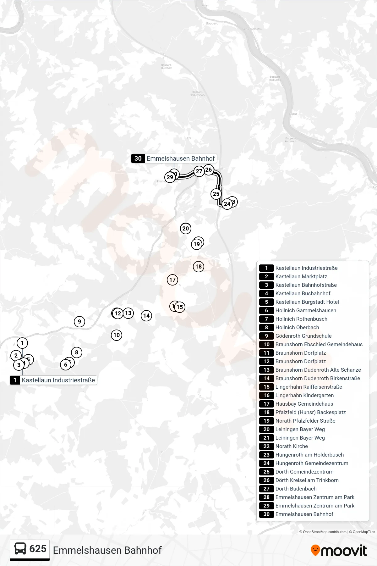 Linie 625 (Bus) Richtung Emmelshausen Bahnhof: Route und Haltestellen auf der Karte