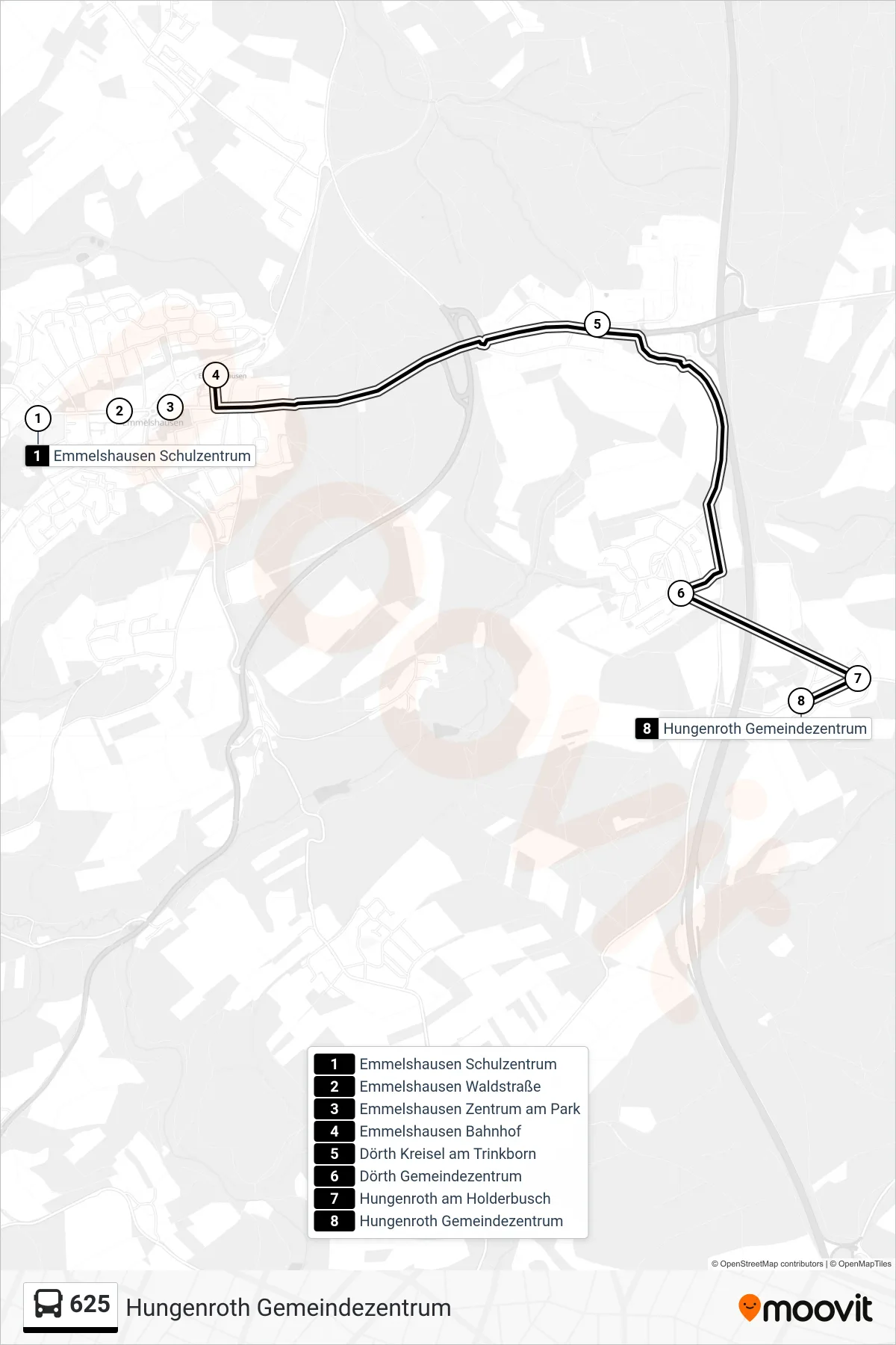 625 bus Line (Hungenroth Gemeindezentrum) route and stops on a map
