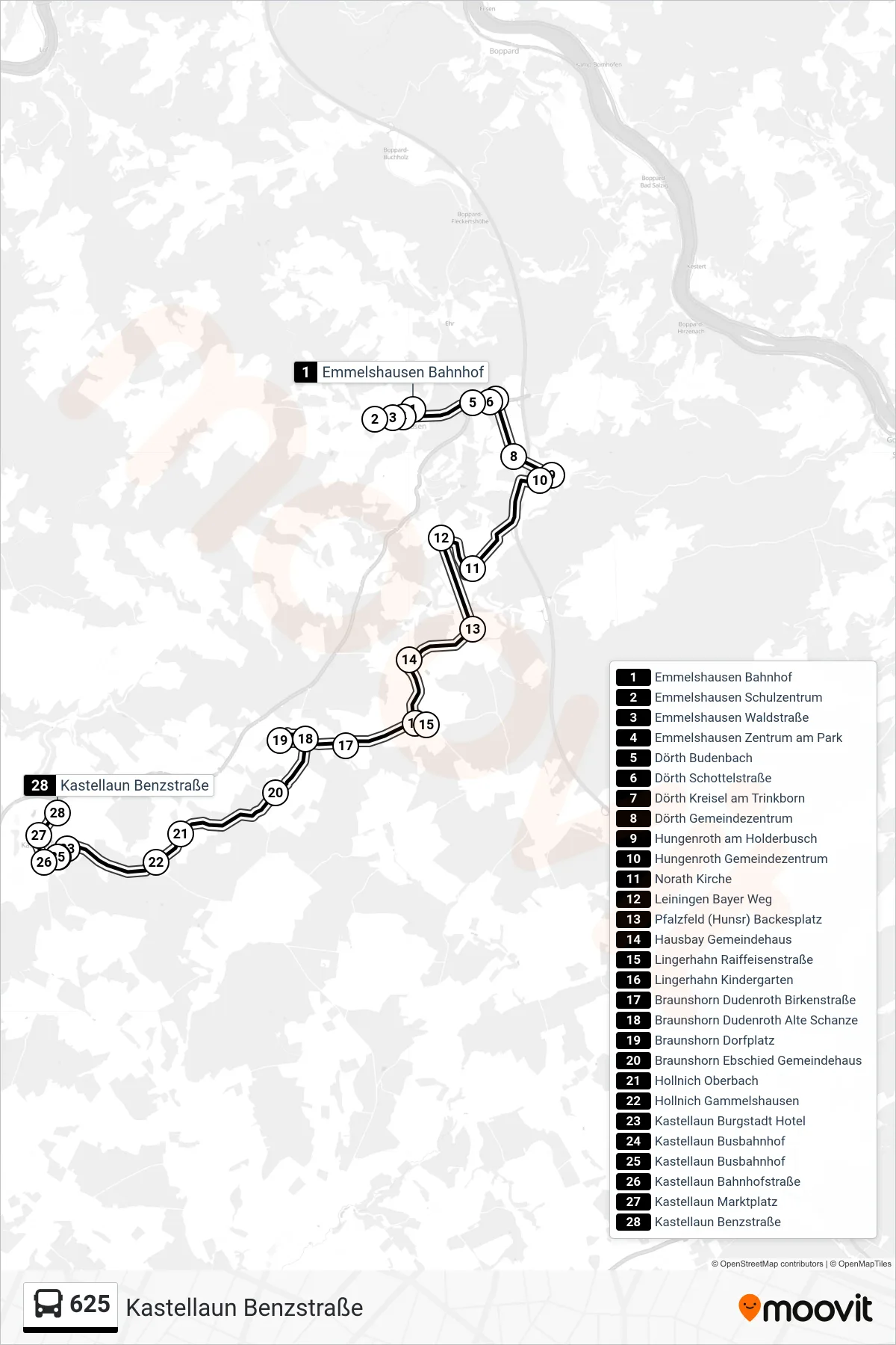 625 bus Line (Kastellaun Benzstraße) route and stops on a map