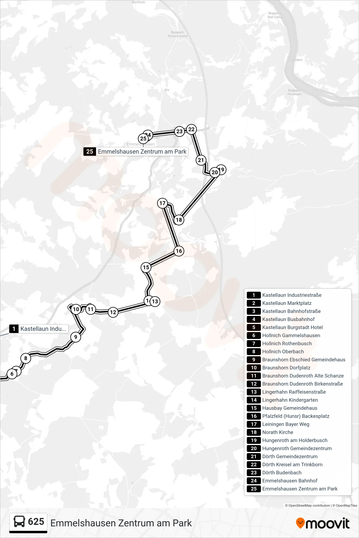 625 bus Line (Emmelshausen Zentrum am Park) route and stops on a map