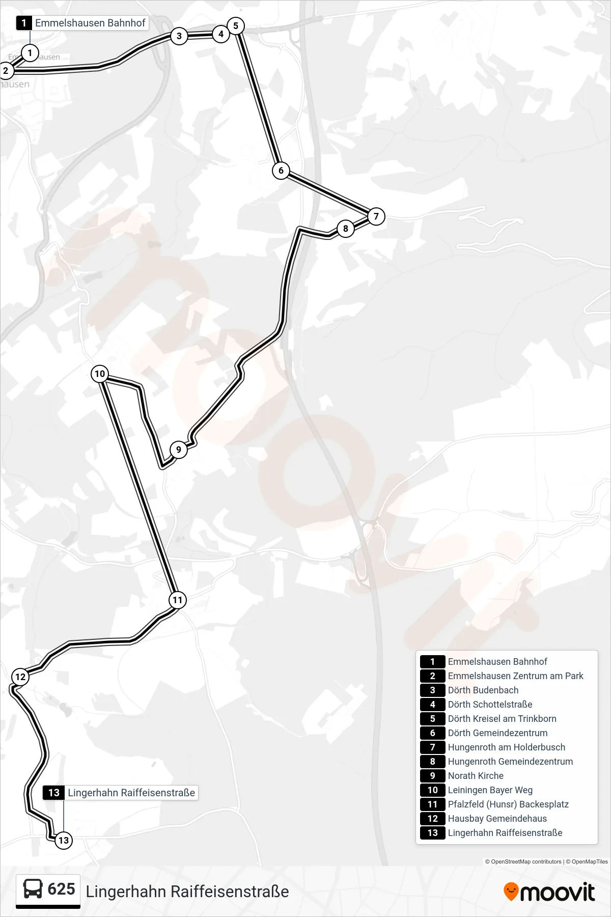 625 bus Line (Lingerhahn Raiffeisenstraße) route and stops on a map