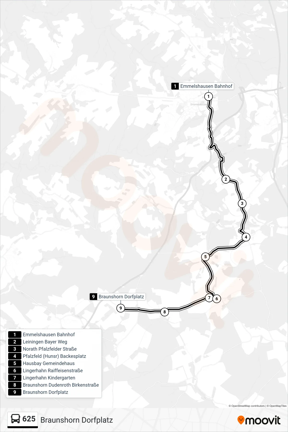 625 bus Line (Braunshorn Dorfplatz) route and stops on a map