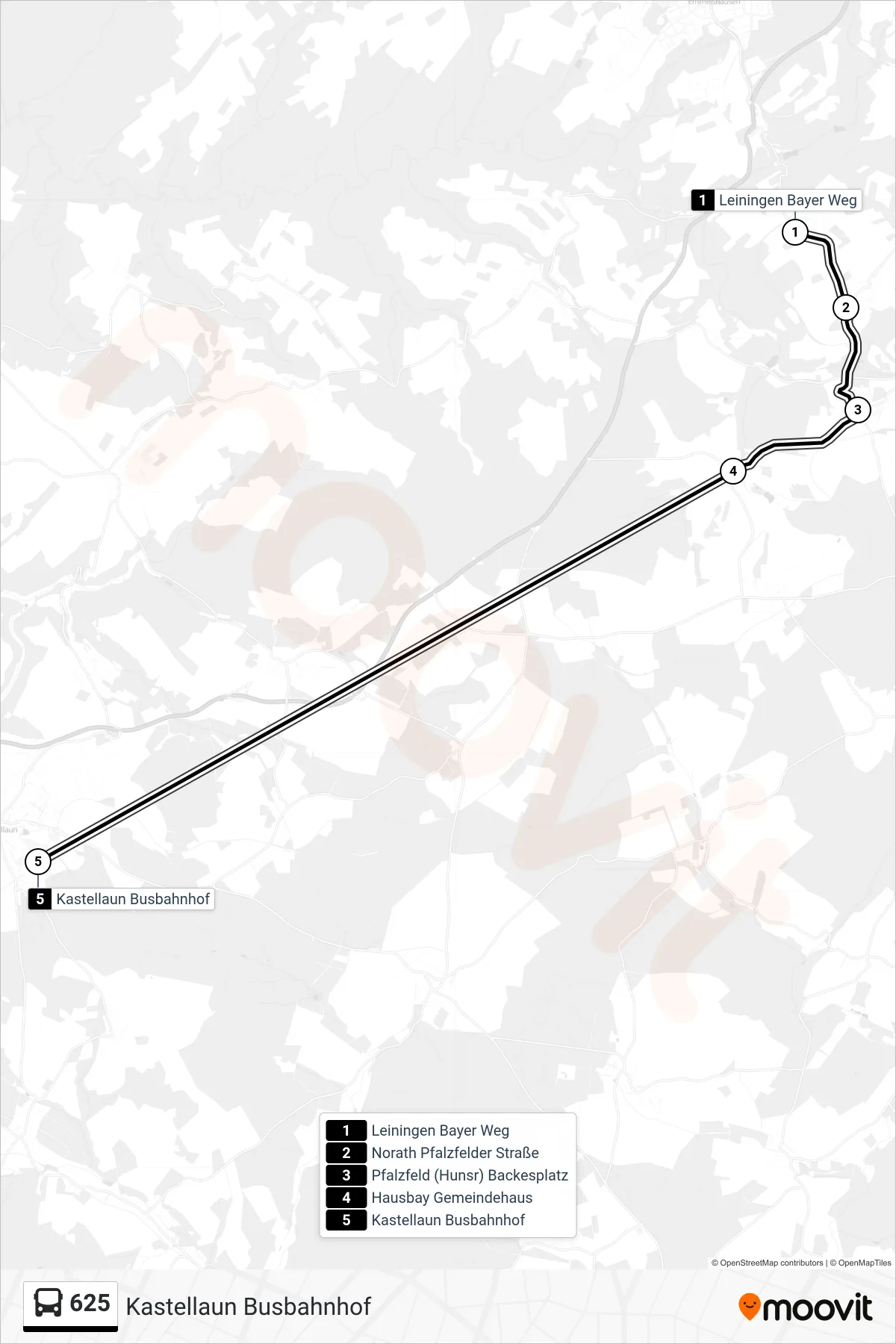 625 bus Line (Kastellaun Busbahnhof) route and stops on a map