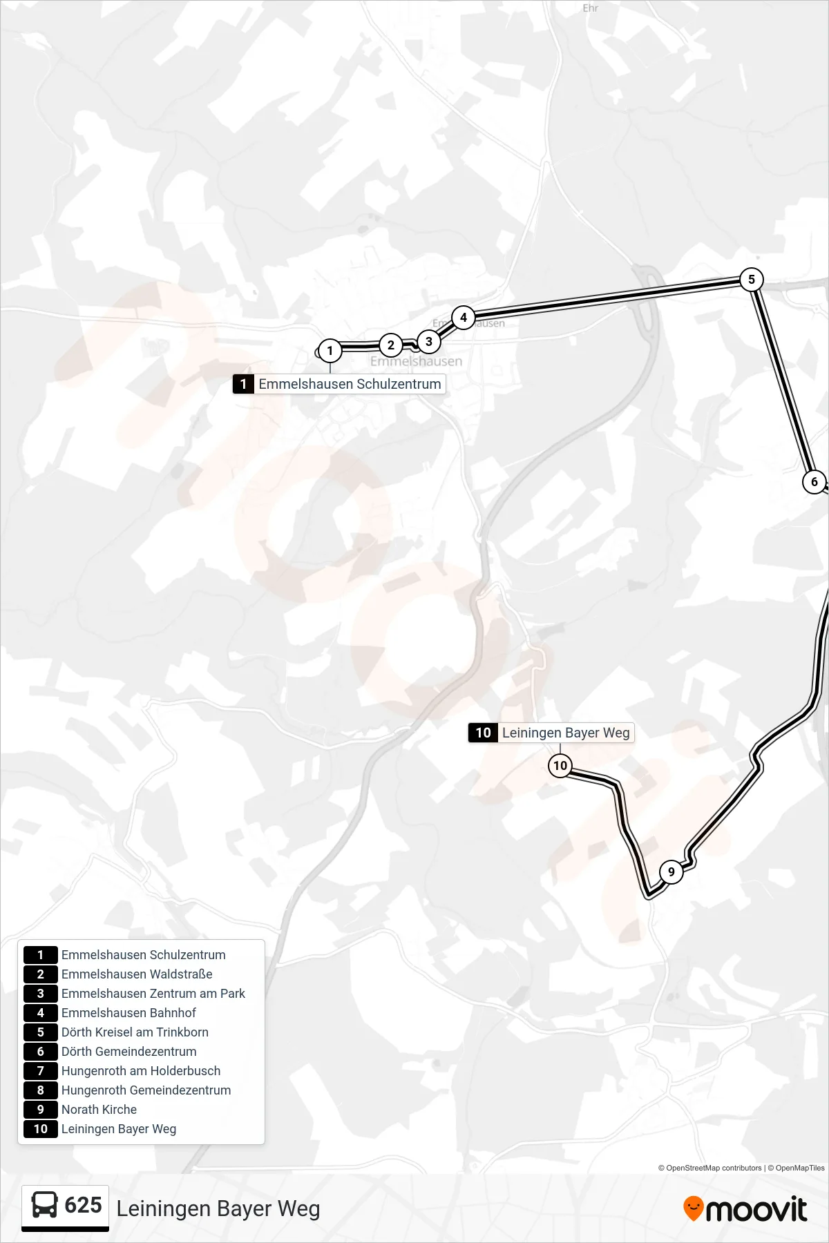 625 bus Line (Leiningen Bayer Weg) route and stops on a map